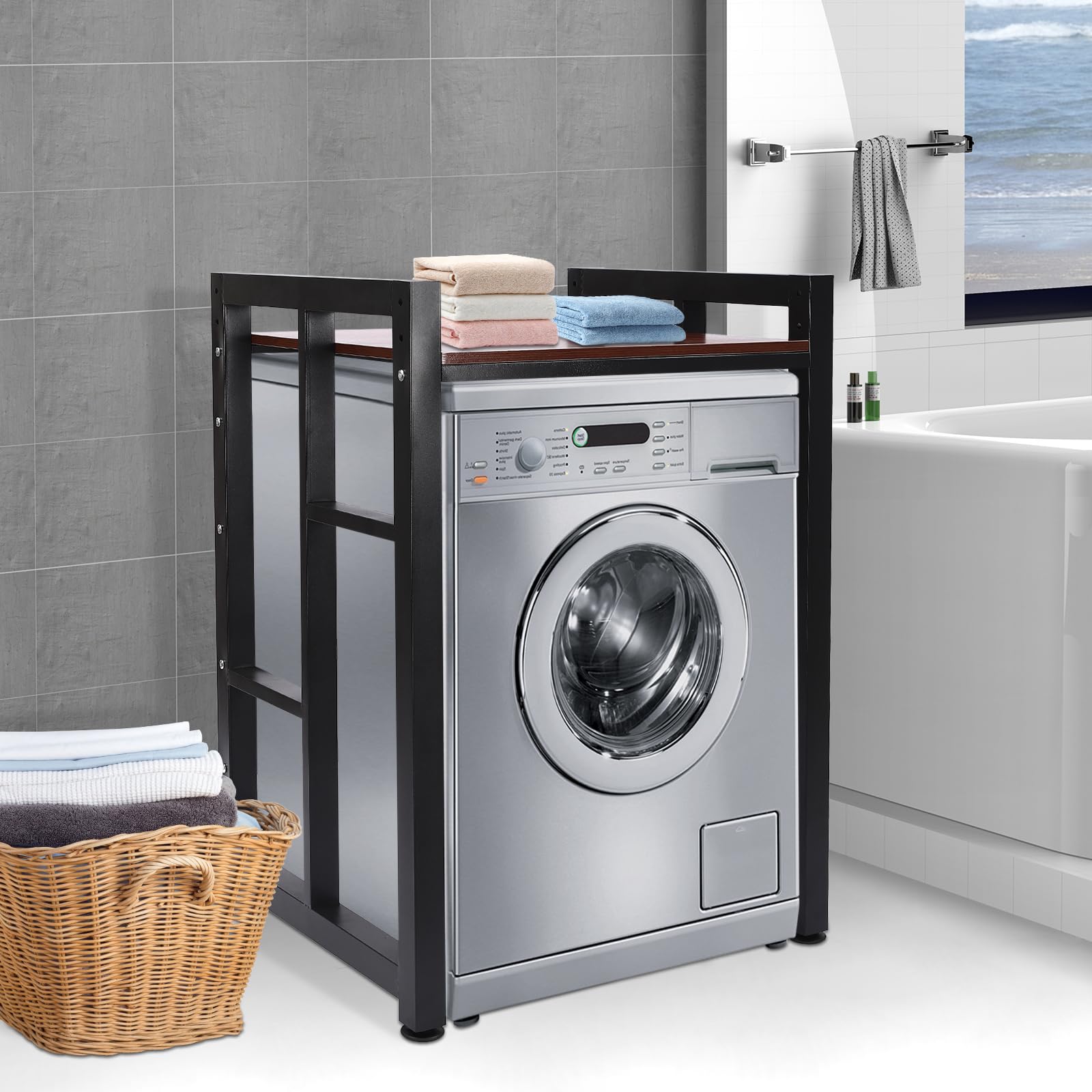 Heavy Duty Washer Dryer Stacking Rack Stand - Adjustable Over Washer & Dryer Shelves with Space Saving Design - 41.34 Inch Laundry Room Storage Organizer (Black, Teak Color) - Perfect for Small Spaces & Apartment Laundry Organization