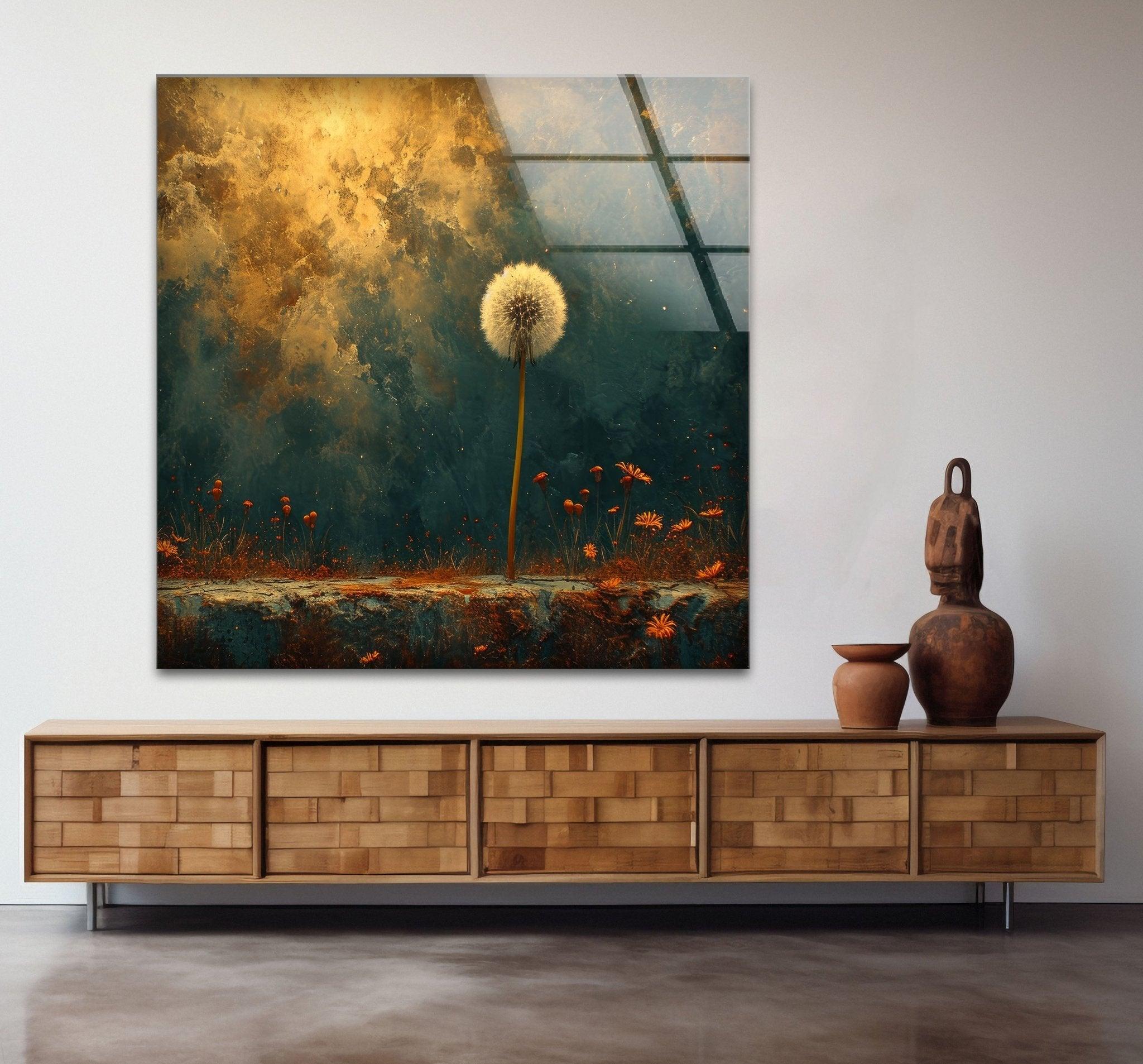 Abstract Dandelion Glass Wall Art - Handmade Modern Home Decor for Living Room, Bedroom & Office - Unique Glass Wall Hanging for Boho, Contemporary Interior Design