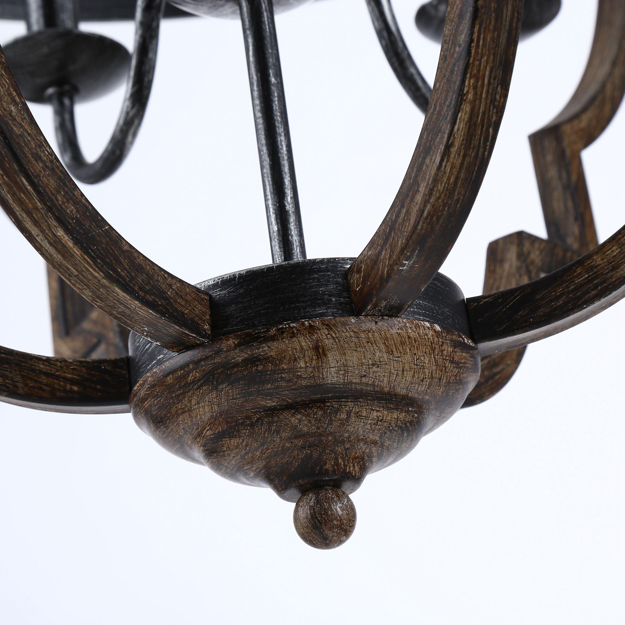 Cambon 6-Light Distressed Black & Brushed Wood Geometric Lantern Chandelier - Perfect for Farmhouse Dining Room, Rustic Kitchen Island, or Entryway Lighting