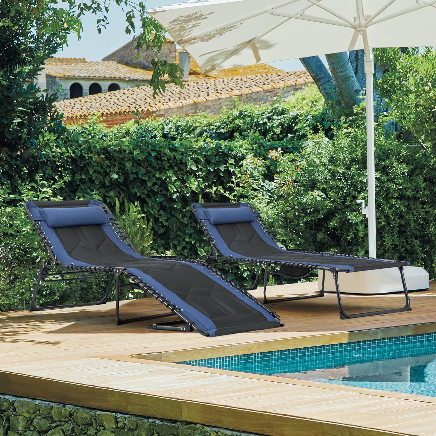 Flamaker 4-Position Adjustable Folding Chaise Lounge Chair - Portable Outdoor Recliner with Pillow & Side Pocket - Lightweight Camping, Beach, Pool Sunbathing Chair for Patio, Backyard, Deck (Blue) - Perfect for Relaxing, Travel & Outdoor Adventures