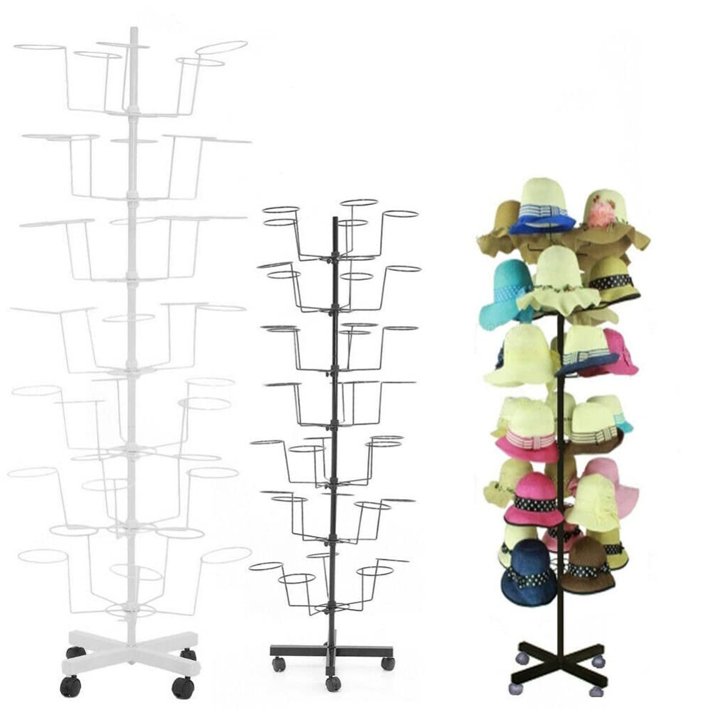 LOYALHEARTDY 7-Tier Rotating Hat Display Stand with 35 Metal Hooks - 65 Inch Freestanding Cap Organizer for Retail Stores, Cowboy, Baseball & Fedora Hats - Perfect for Boutiques, Hat Shops & Home Closet Organization