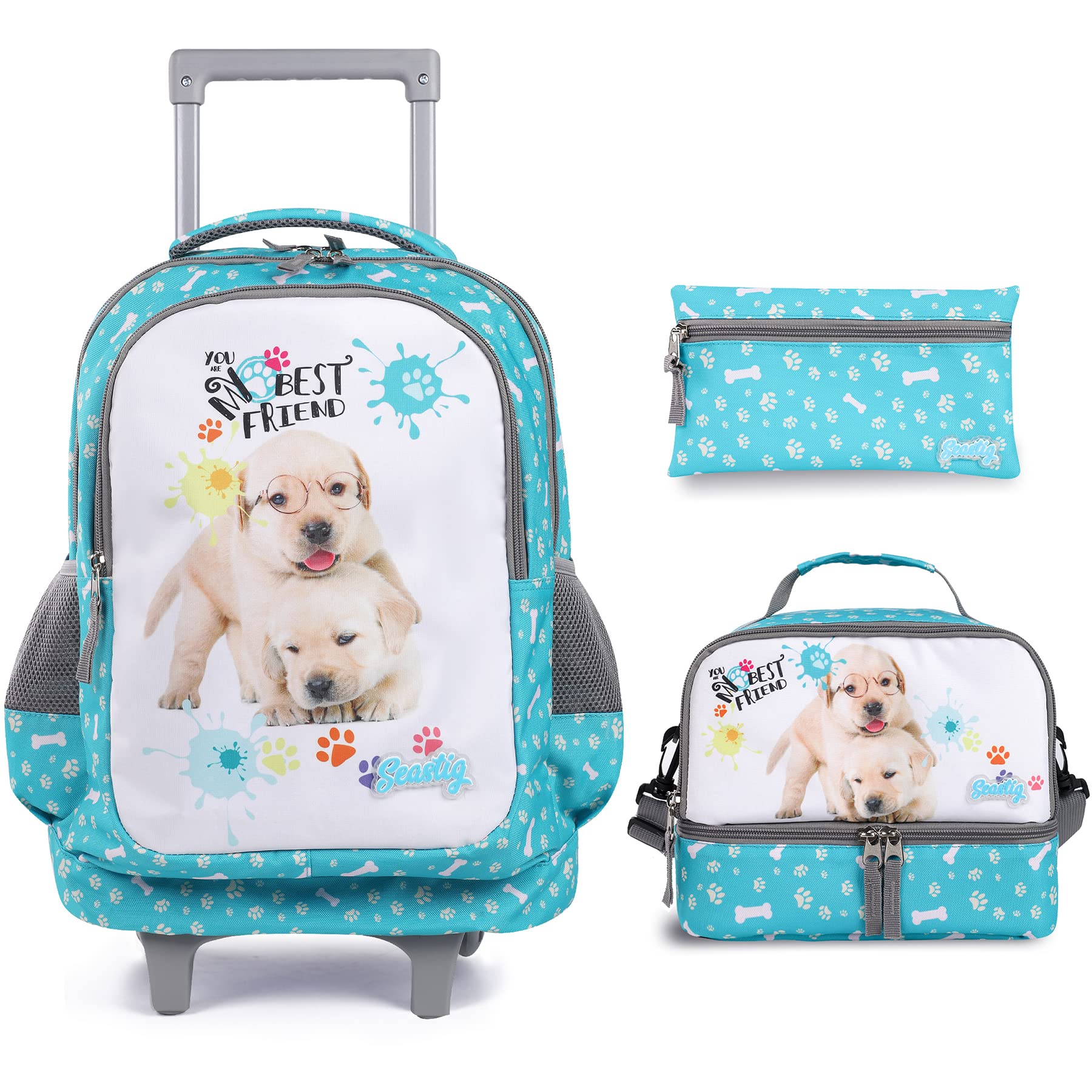 Seastig 18 Inch Rolling Backpack for Kids - Wheeled School Backpack with Double Handle & Matching Lunch Bag Set | Durable Roller Backpack for Boys & Girls | Perfect for School, Travel & Daily Commute
