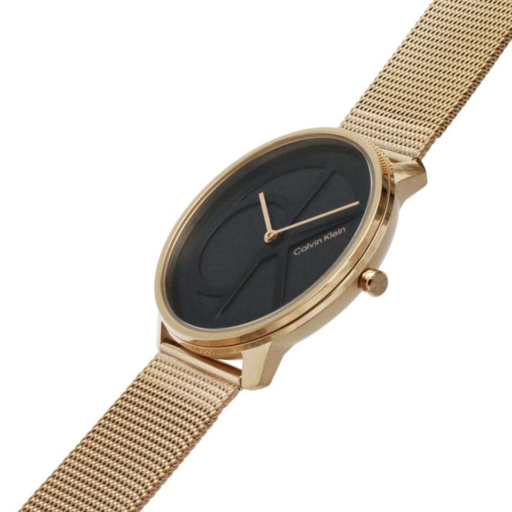 Calvin Klein Iconic Black Dial Rose Gold Milanese Strap Unisex Watch 25200029 | Luxury Fashion Timepiece for Men & Women | Perfect for Office, Date Night & Special Occasions