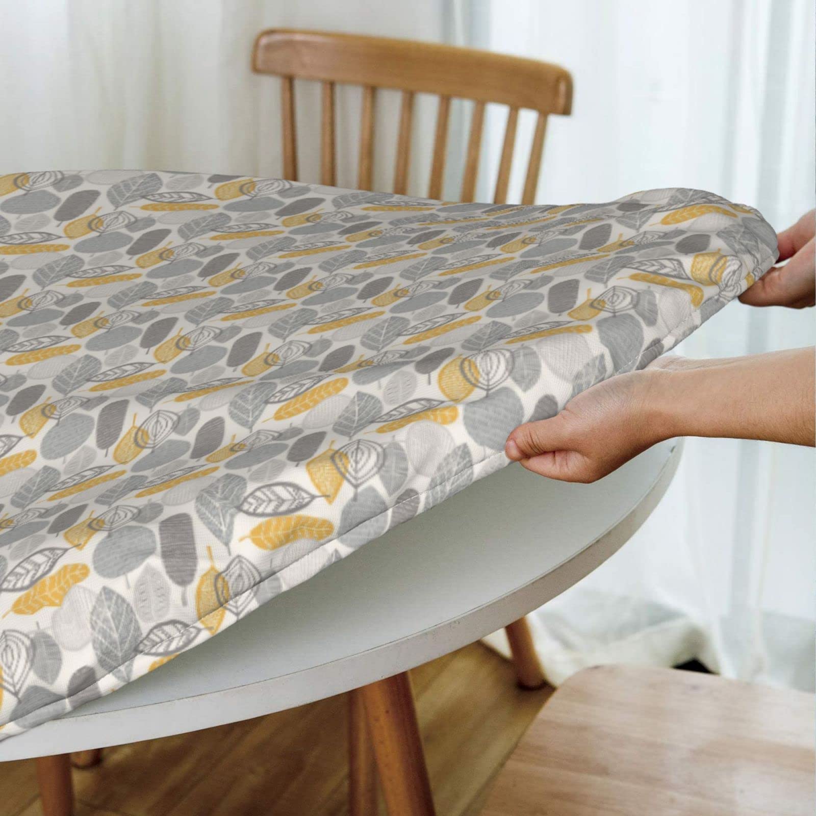 Waterproof Elastic Edged Round Fitted Tablecloth - Yellow Grey Leaves Design for 40