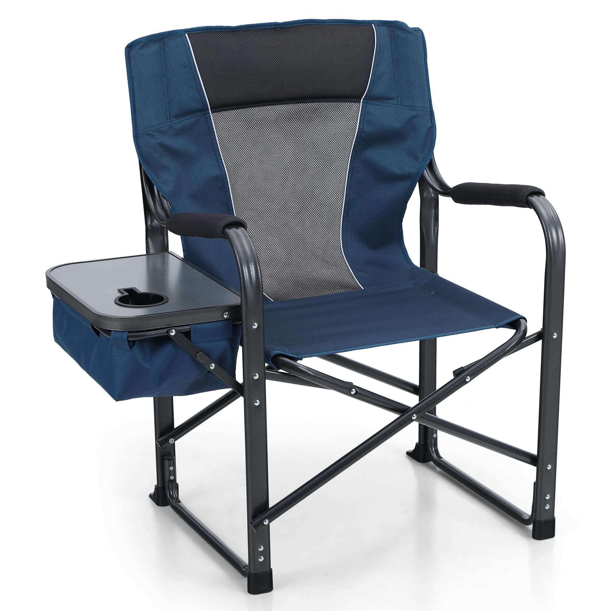 Heavy Duty Folding Camping Chair with Side Table - 350 lbs Capacity Portable Outdoor Director Chair for Adults, Navy - Perfect for Camping, Backyard, Beach & Picnic Use