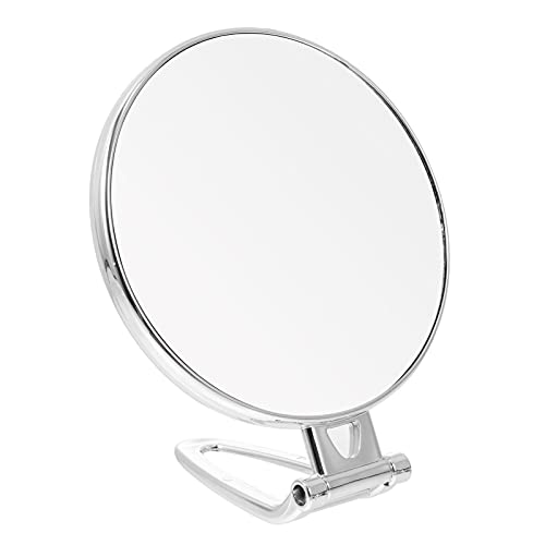 OSALADI Silver Round Double Sided Handheld Mirror - 10X Magnifying & Regular Mirror for Travel, Makeup, Shaving - Adjustable Folding Handle, Portable Desktop Vanity Mirror for Home, Hotel & On-the-Go Use