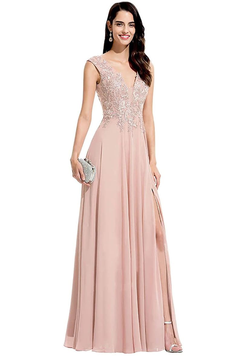 Elegant Chiffon Bridesmaid Dresses - V-Neck Lace Applique A-Line Long Formal Gowns with Slit | Perfect for Weddings, Proms & Special Occasions