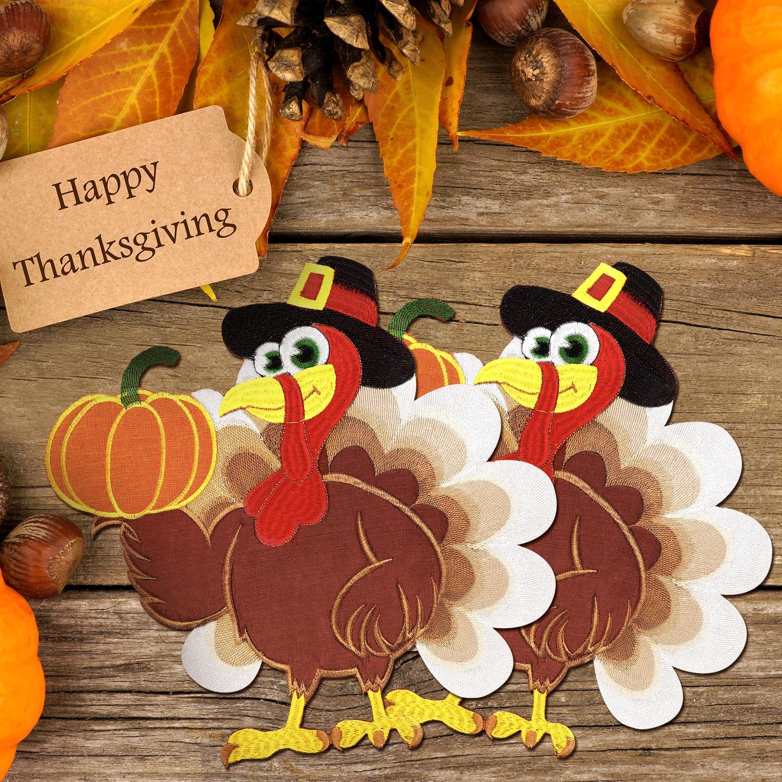 6-Piece Embroidered Turkey Placemats Set - 14x14 Inch Thanksgiving Table Decor for Home, Kitchen & Dining - Fall Harvest Autumn Decorations - Perfect for Holiday Gatherings & Seasonal Celebrations