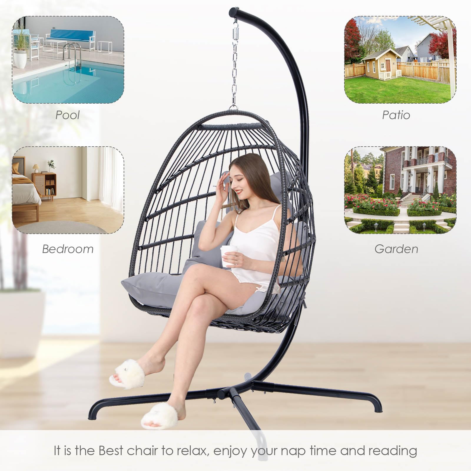 NICESOUL Outdoor Indoor Swing Egg Chair with Stand - Wicker Hanging Hammock with Padded Cushions, 350lbs Capacity Egg-Shaped Seat for Patio, Porch, Bedroom, Balcony - Perfect for Relaxation, Reading & Christmas Gifts (Grey)