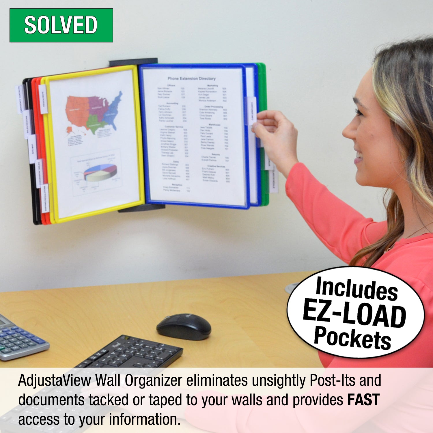 Ultimate Office AdjustaView™ 10 Pocket Wall Reference Organizer with EZ LOAD Pockets - Perfect for Home Office, Classroom & Workplace Organization