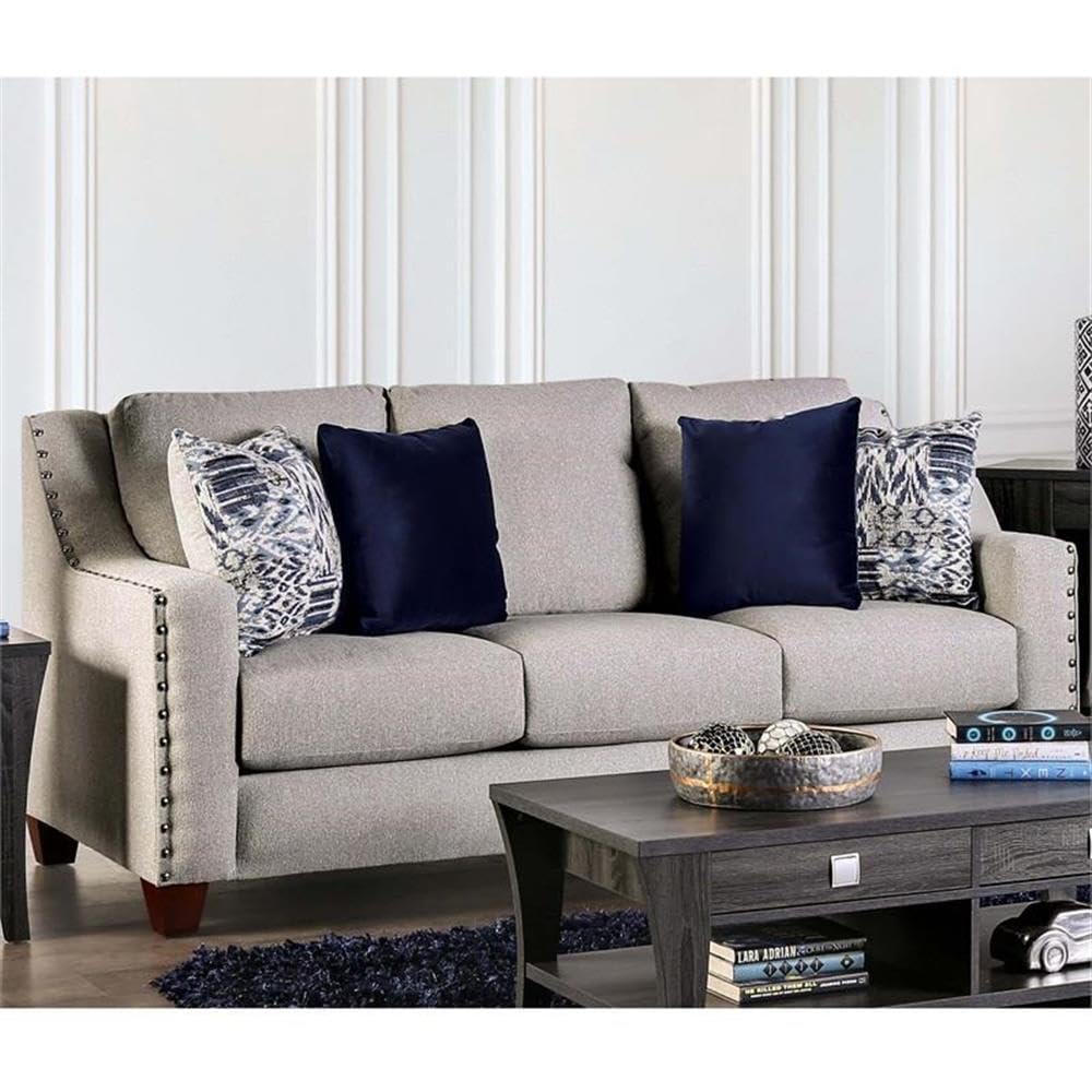 Furniture of America Brill Transitional Fabric Nailhead Sofa - Light Gray Modern Living Room Couch for Home & Office Decor