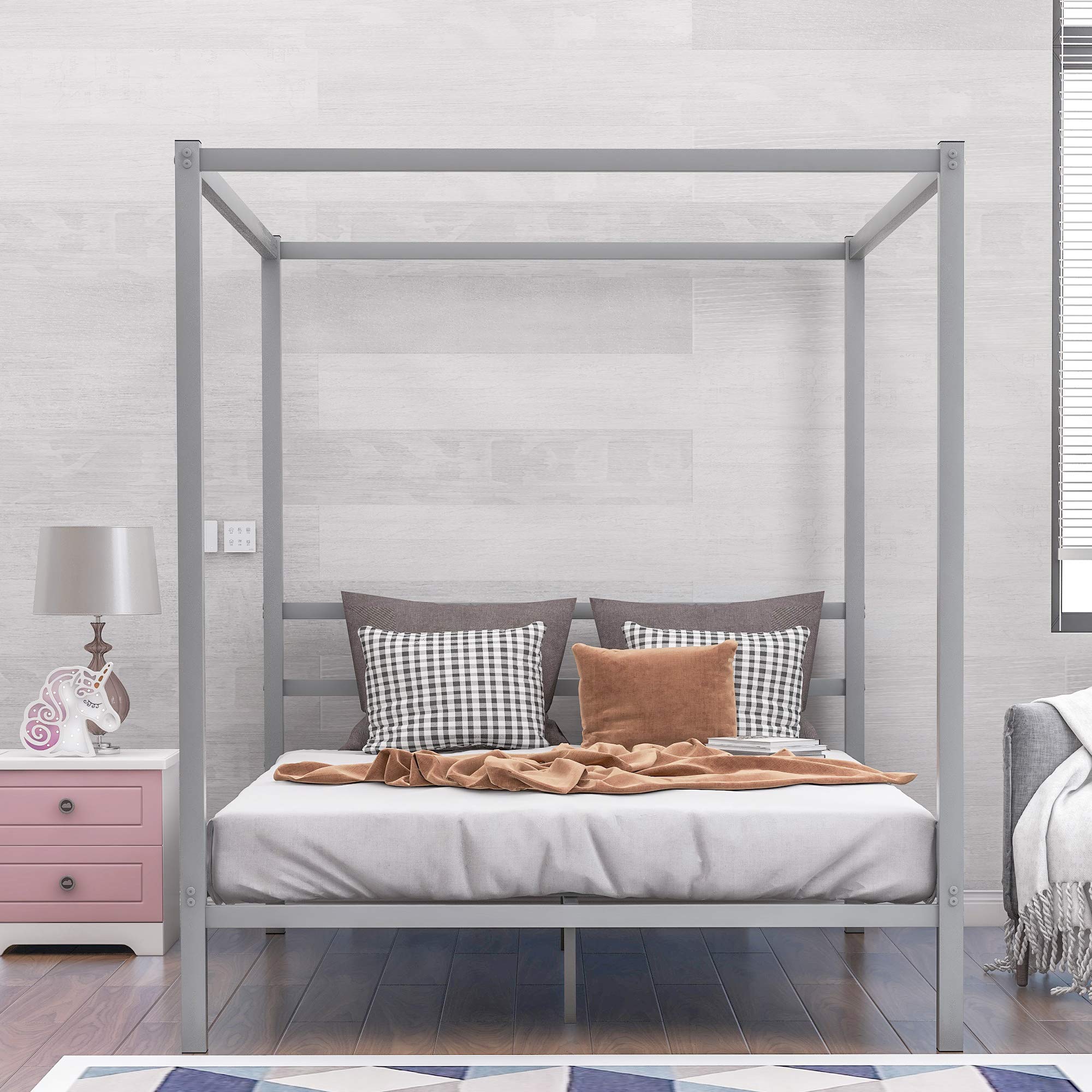 Metal Framed Canopy Platform Bed with Built-in Headboard - No Box Spring Needed - Classic Design Queen Size Bed in Silver - Perfect for Modern Bedrooms, Guest Rooms & Small Spaces