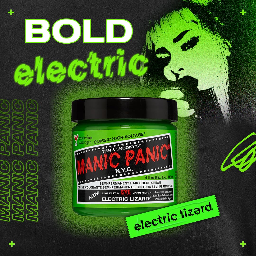 Manic Panic Electric Lizard Semi-Permanent Hair Dye - Vibrant Green Color - 8oz Bottle - Vegan & Cruelty-Free - Perfect for Punk, Cosplay & Festival Hairstyles