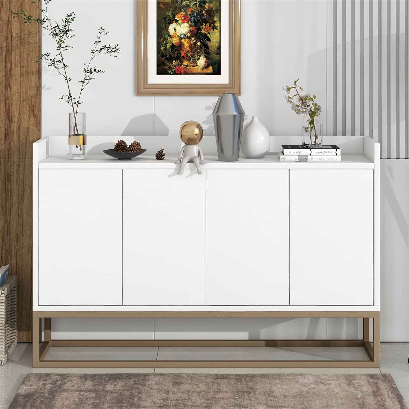 Modern White Sideboard Buffet Cabinet with Large Storage & Gold Metal Legs - Elegant Accent Storage Console Table with Adjustable Shelf for Dining Room, Kitchen, Hallway | Perfect for Home Decor & Entertaining Guests