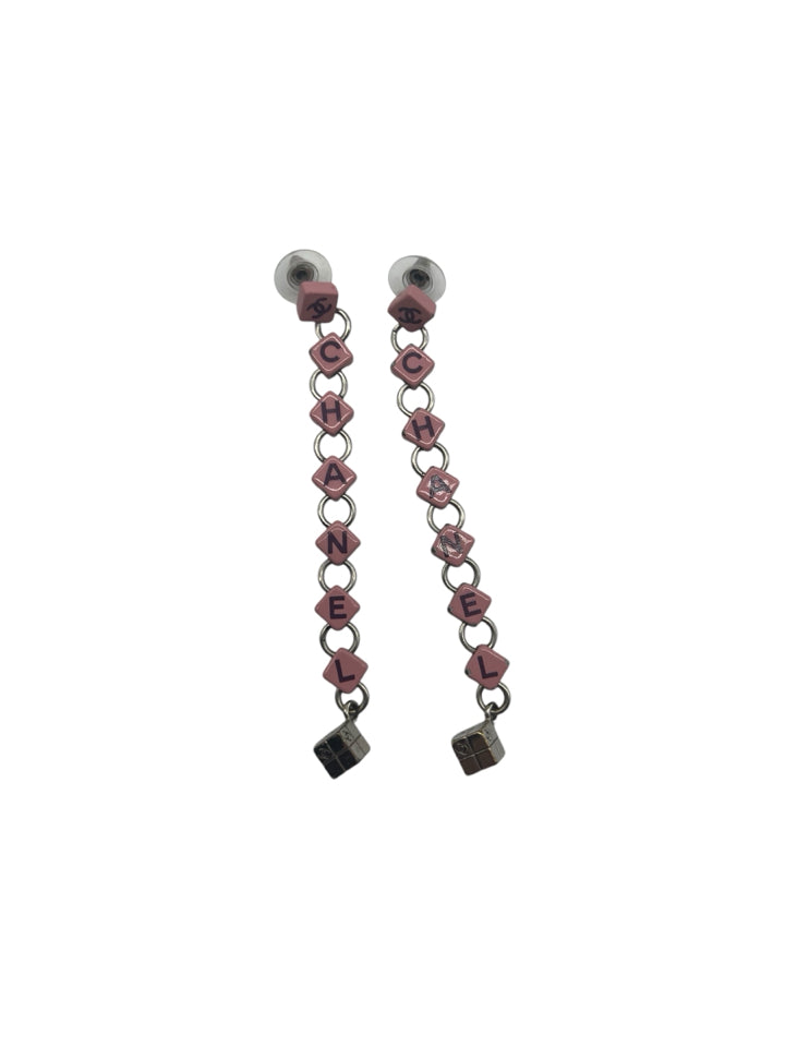 Chanel Pink Logo Dice Dangle Earrings for Women - Fashion Luxury Statement Jewelry for Party, Date Night & Special Occasions