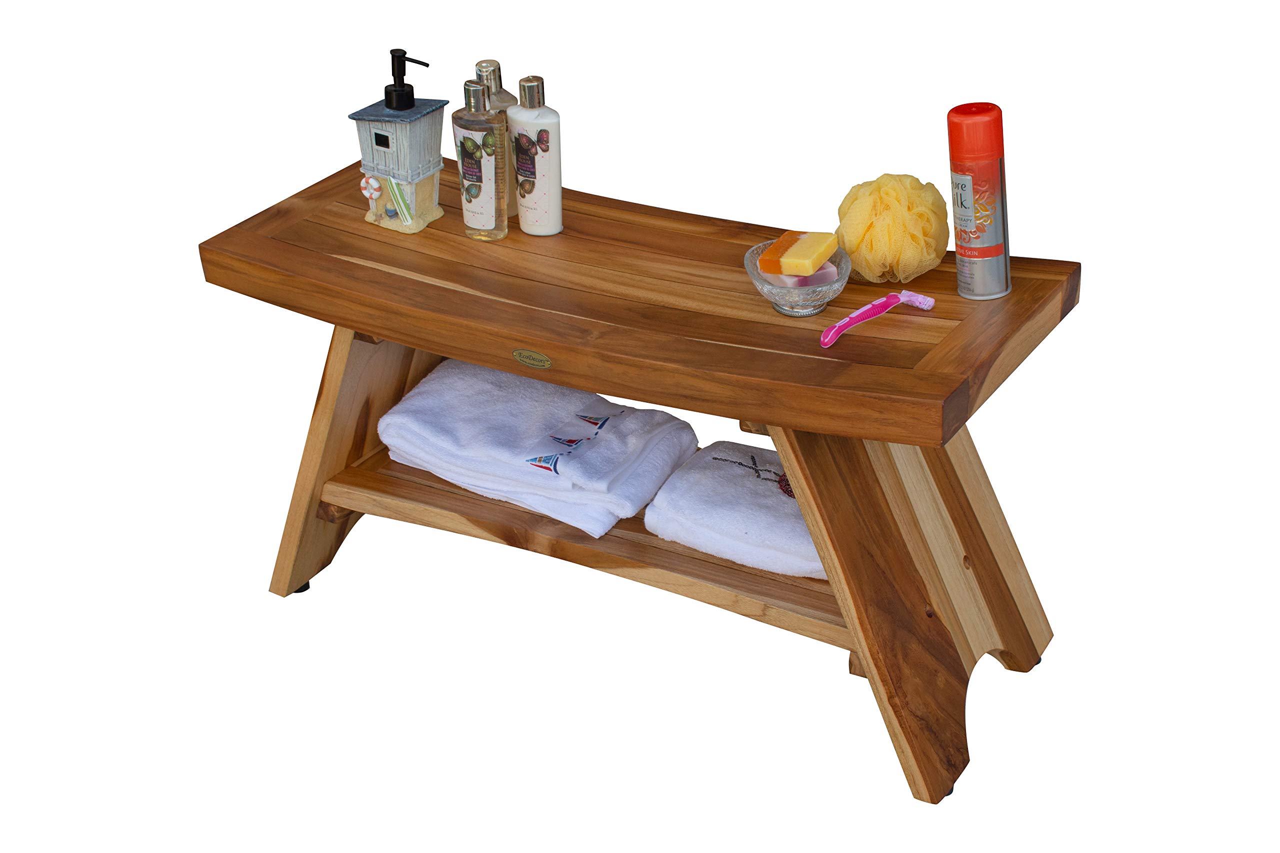 EcoDecors 35 Inch Waterproof Teak Wood Shower Bench with Storage - Non-Slip Bath Seat Stool for Elderly & Disabled Safety - Natural Wood Bathroom Organizer for Shampoo & Accessories - Perfect for Spa, Sauna & Home Shower Use