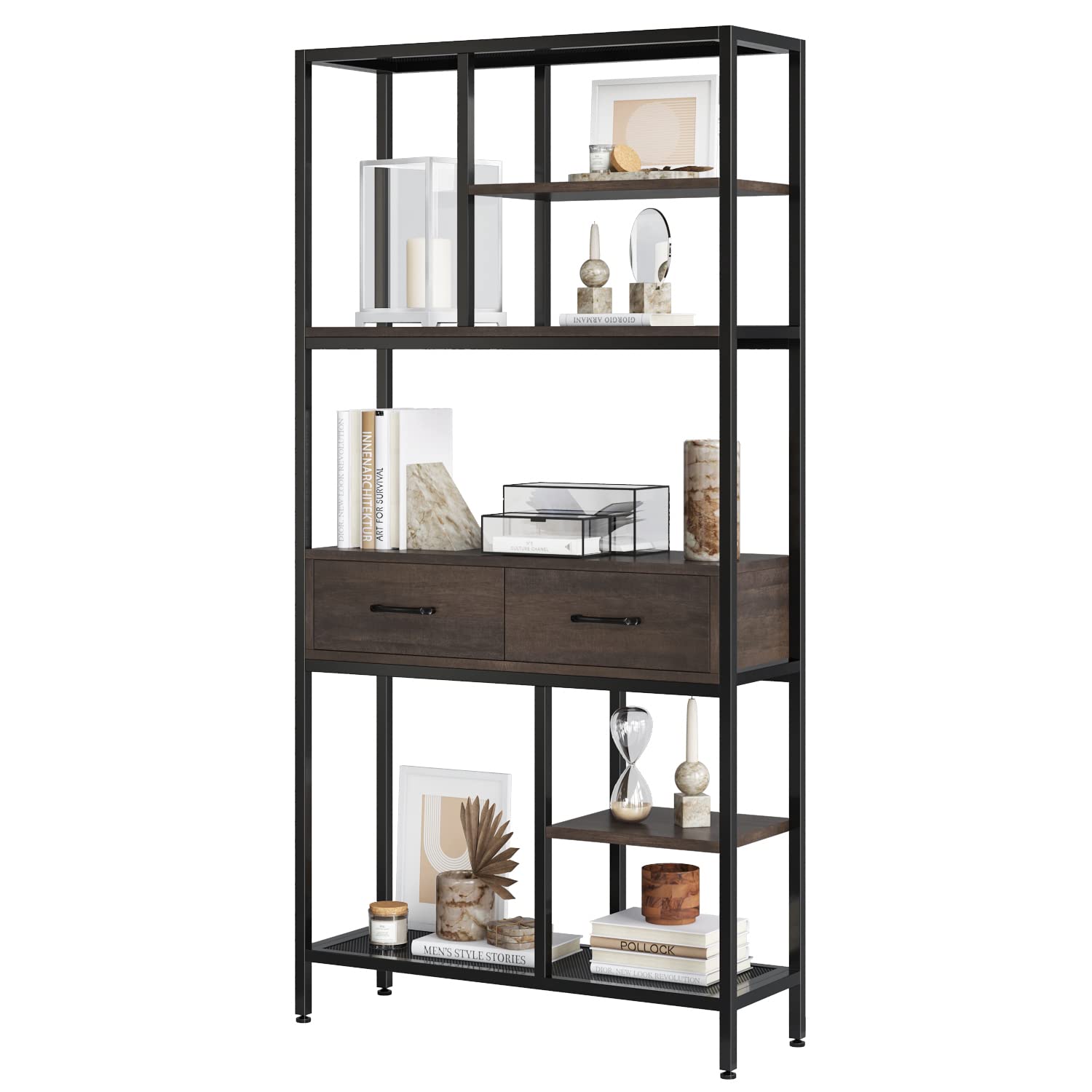 HITHOS Industrial Bookshelf - 5-Tier Tall Bookcase with 2 Storage Drawers & Shelves for Office, Living Room, Bedroom - Dark Brown Wooden Book Organizer | Perfect for Home Library, Study Room & Workspace Storage