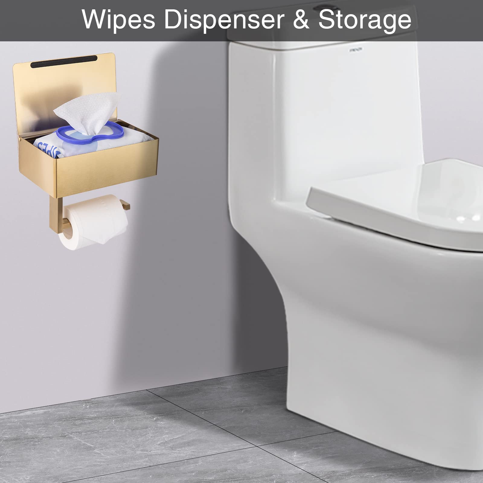 Stainless Steel Wall Mount Toilet Paper Holder with Shelf & Flushable Wipes Dispenser - Gold Square Bathroom Tissue Storage Organizer for Modern Home Decor (Perfect for Small Bathrooms, Powder Rooms & RVs)