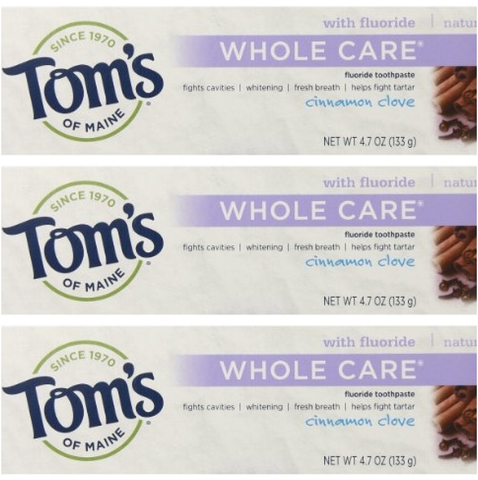 Tom's of Maine Natural Whole Care Fluoride Toothpaste - Cinnamon Clove Flavor, 3 Pack | Fresh Breath & Cavity Protection for Daily Oral Care