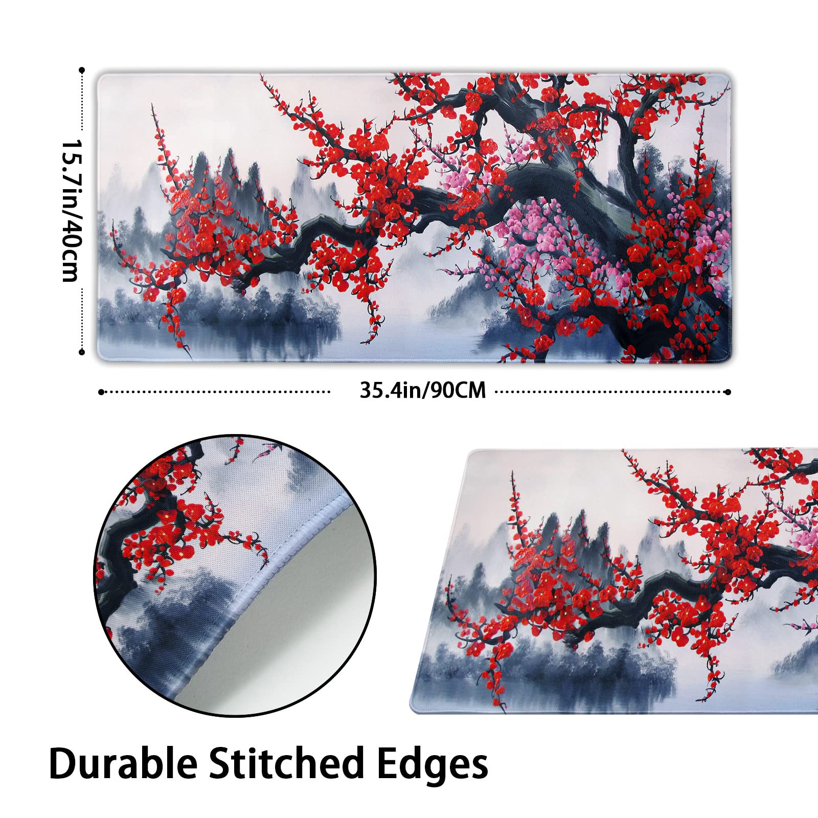 Japanese Cherry Blossom Watercolor Extended Mouse Pad - 90x40cm (35.4x15.7 Inch) Non-Slip Rubber Base Desk Mat with Stitched Edges for Gaming, Office & Home Use - Perfect for Keyboard, Laptop & Computer Workstations