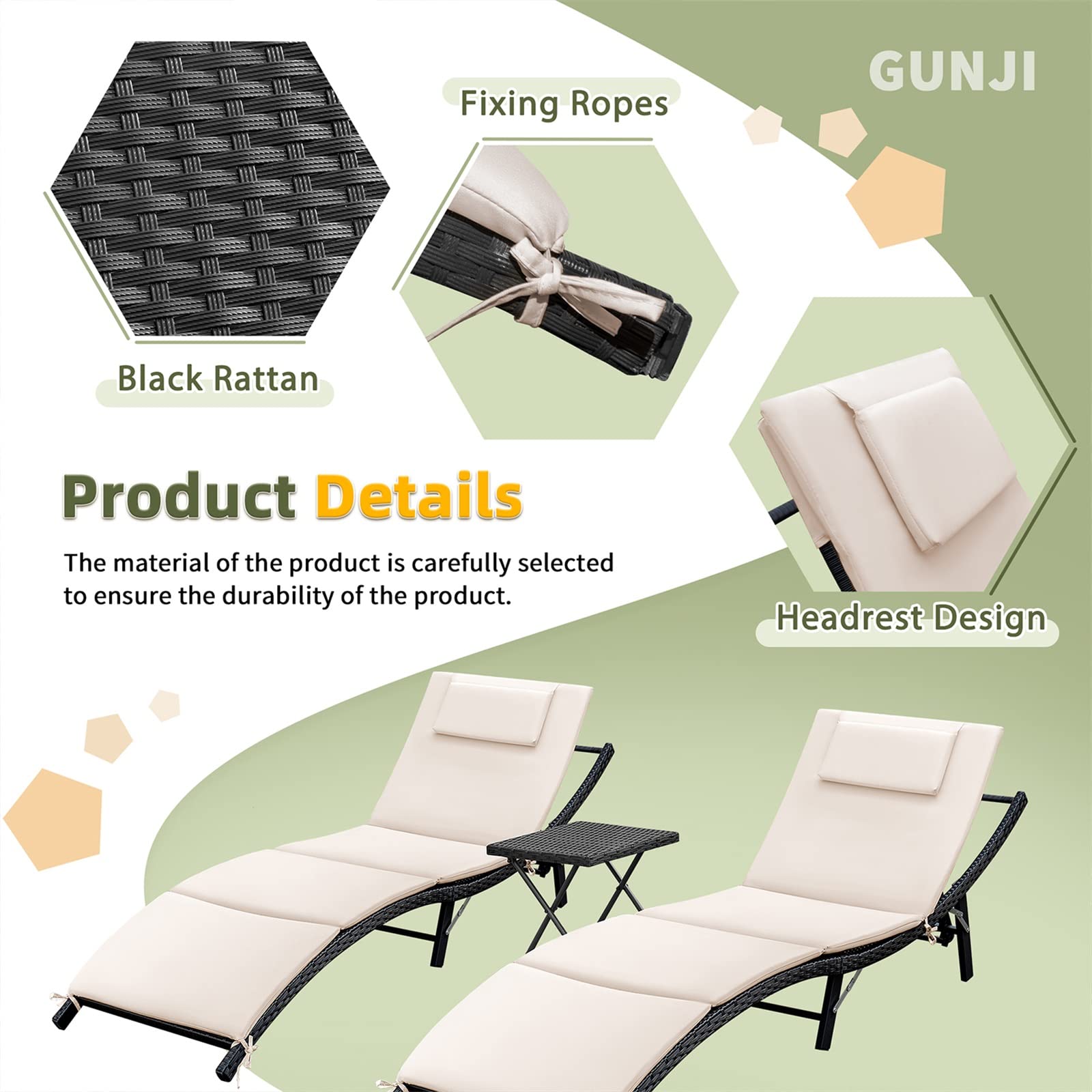 GUNJI 3-Piece Outdoor Wicker Lounge Chair Set with Adjustable Chaise & Side Table - Beige Patio Furniture for Poolside, Deck, Lawn, Garden & Backyard Relaxation