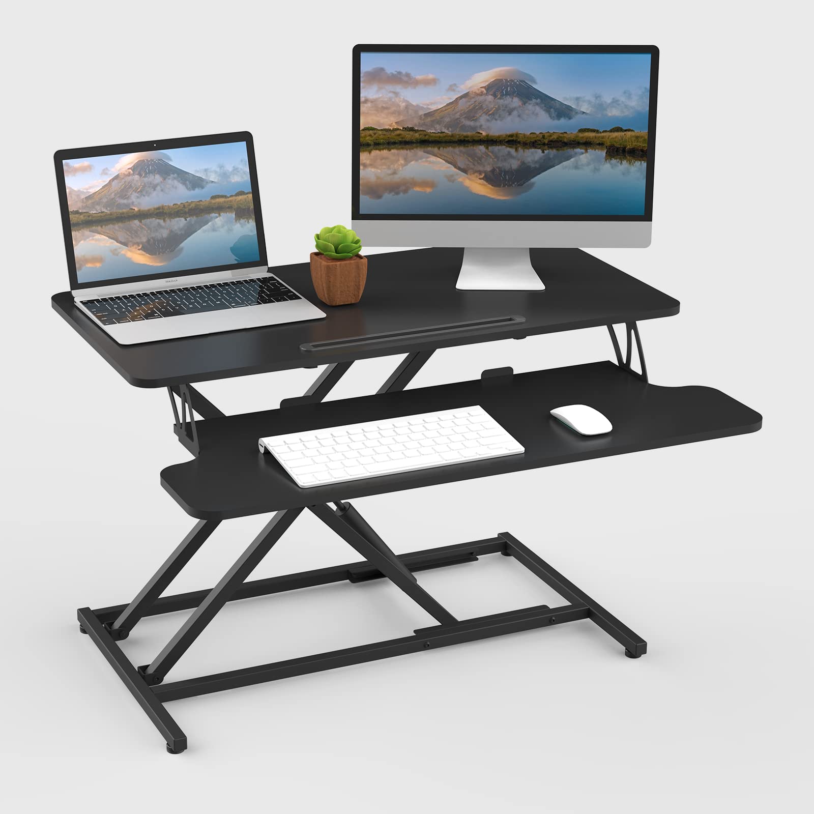 Ergomatic Height Adjustable Standing Desk Converter - 32 x 16 Inches Quick Sit to Stand Riser for Dual Monitors (Black Frame & Desktop) | Perfect for Home Office, Gaming Setup & Workspace Ergonomics