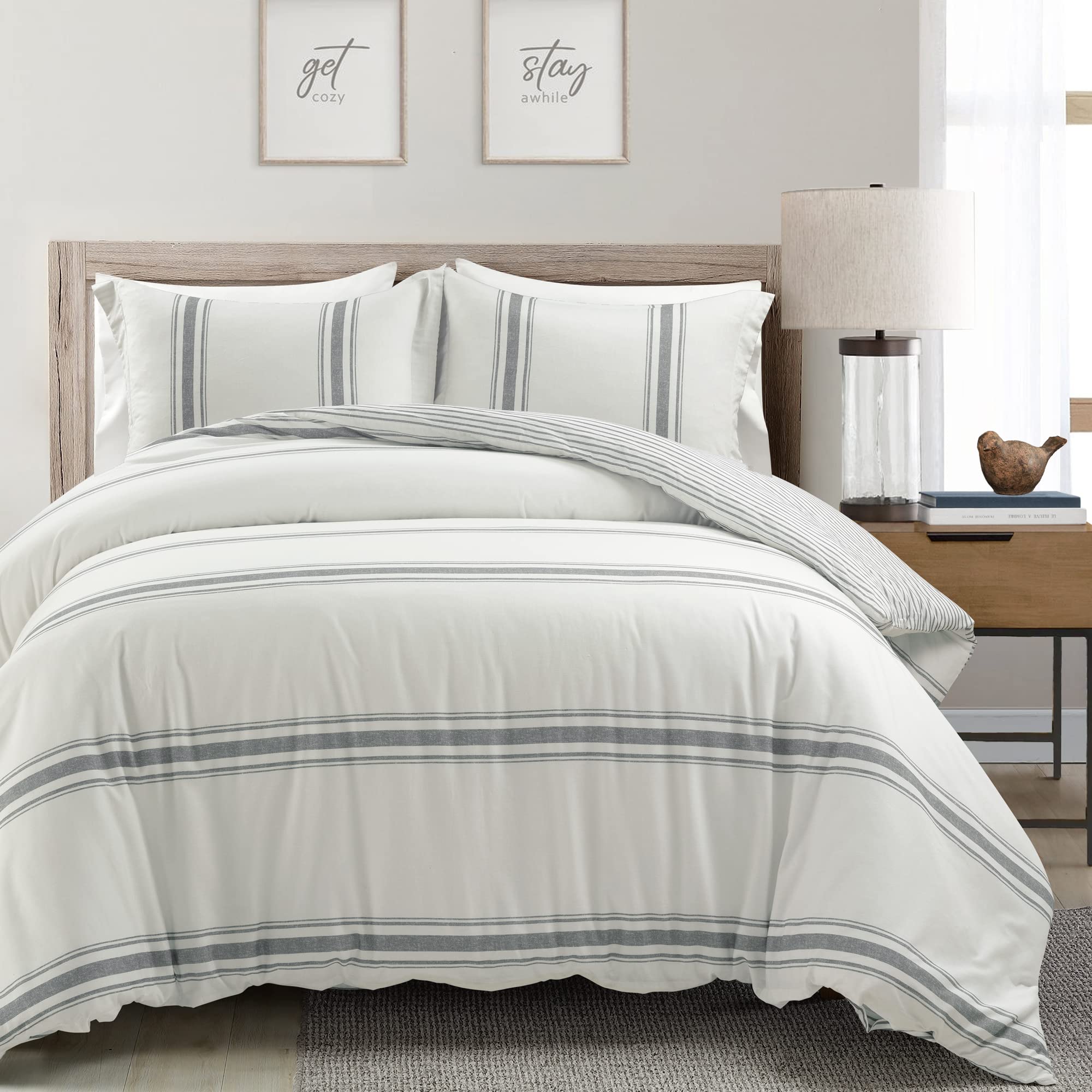 Lush Decor Reversible Cotton Duvet Cover Set - 3 Piece King Size Farmhouse Bedding in Dark Gray | Striped Rustic Decor for Modern Farmhouse & Cozy Bedroom | Perfect for Guest Rooms, Master Bedrooms & Vacation Homes