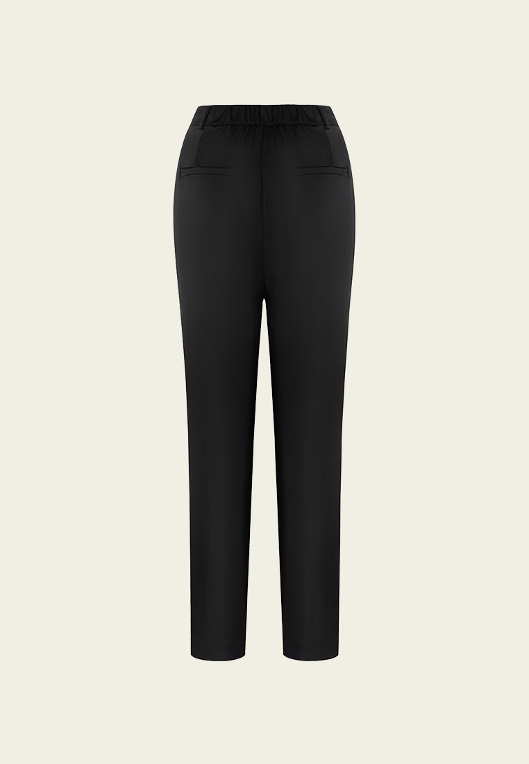 Black Sheen Straight Leg Tailored Pants with Elastic Waistband - Comfortable Office Wear & Business Casual Pants for Women