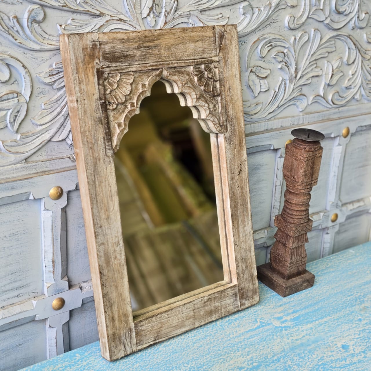 Handmade Floral Carved Solid Wood Indian Furniture Mirror Frame - Rustic Natural Wooden Wall Mirror for Bedroom, Living Room & Home Decor