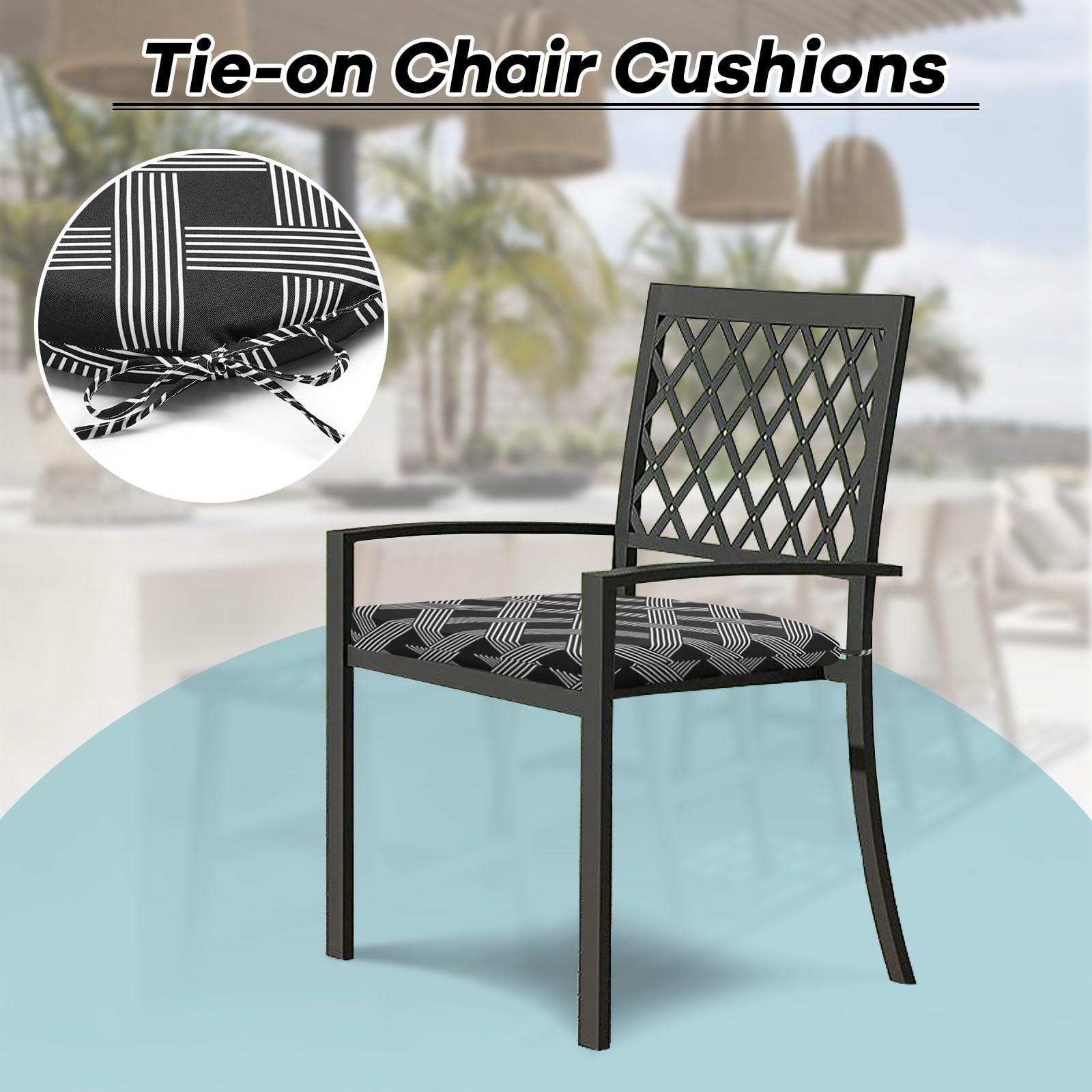 Premium Outdoor Chair Cushions Set of 4 - Water Resistant Patio Furniture Cushions with Secure Ties (17x16x2 Inch) - Black Geometric Pattern - Perfect for Garden, Deck, Poolside & Patio Relaxation