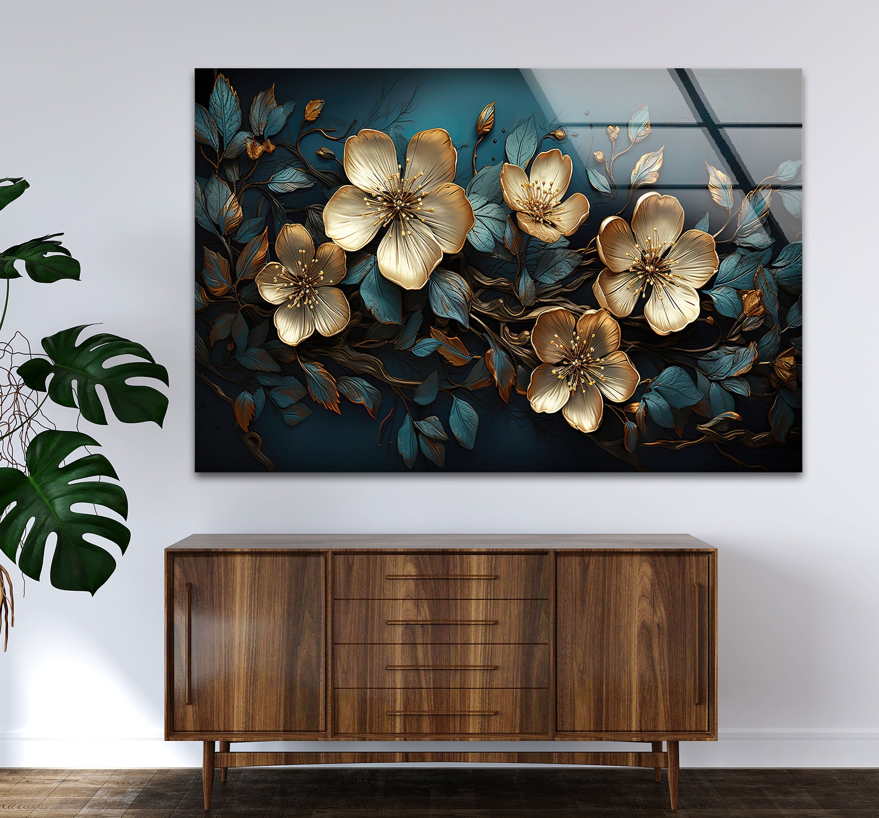 Beige & Blue Botanical Glass Wall Art - Elegant Home Decor for Living Room, Bedroom & Office - Perfect Gift for Housewarming & Wedding