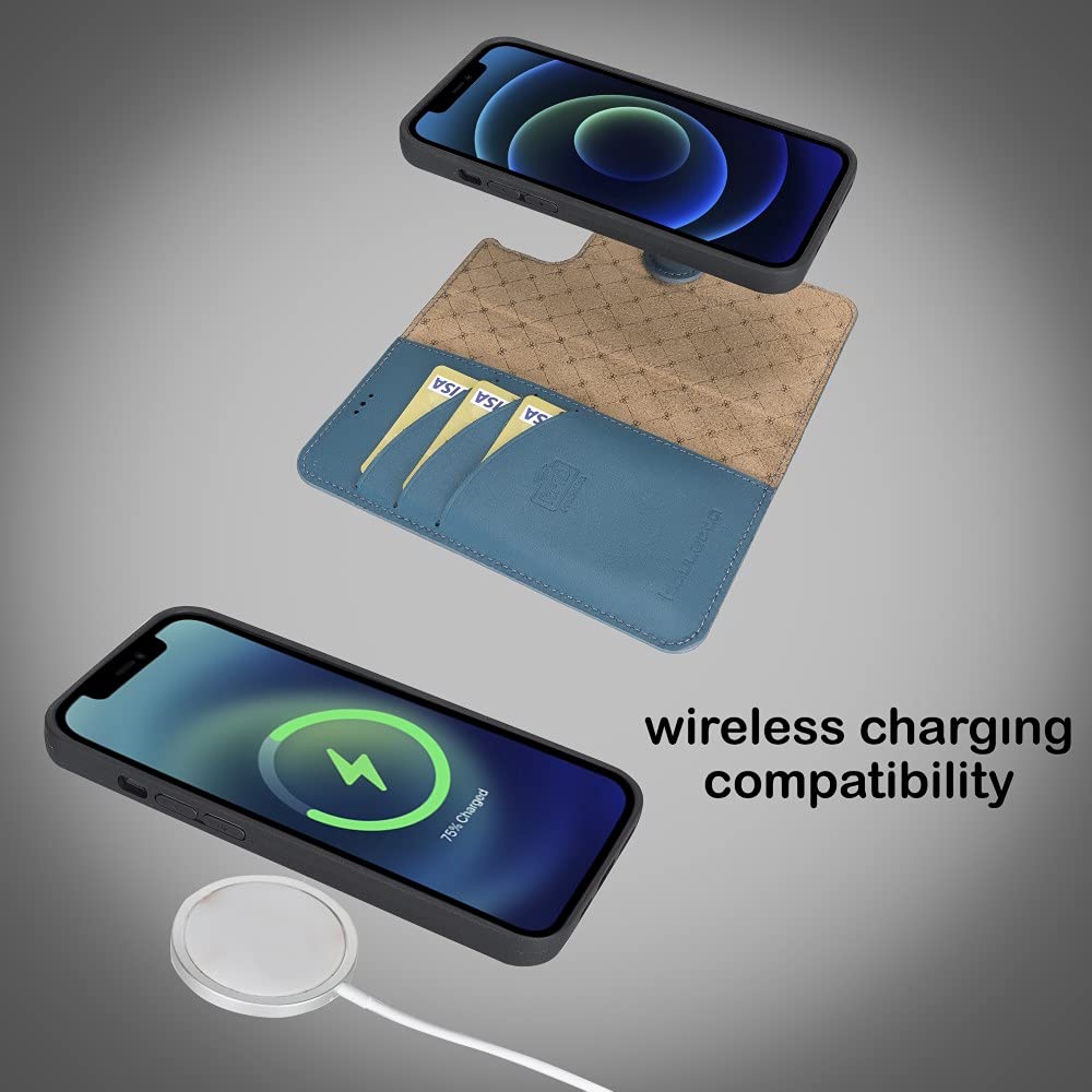 BOULETTA Genuine Leather iPhone 13 Wallet Case with Magsafe Compatibility - Magnetic Detachable Folio Cover, RFID Blocking Card Holder & Kickstand (6.1 inch, Navy Blue) | Perfect for Business Travel, Daily Commute & Hands-Free Viewing
