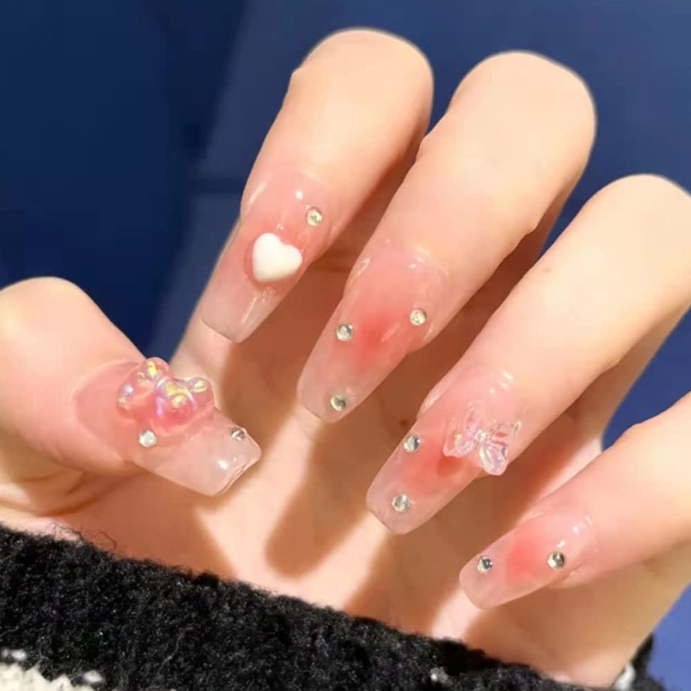 SINLOV 24pcs Coffin Fake Nails - Nude Pink Gradient Press on False Nails, Long Ballerina Artificial Nails, Full Cover Nail Tips for Women & Girls | Perfect for Parties, Weddings, and Special Occasions (Pink 3)