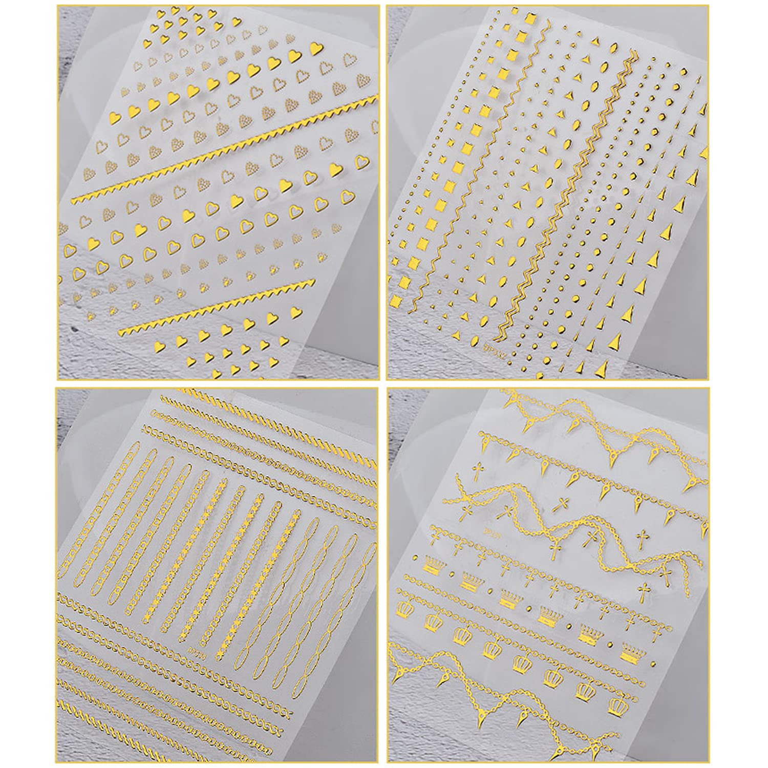 8 Sheets Gold 3D Nail Art Stickers - Self-Adhesive Metallic Chains, Lines, Triangle, Heart & Circle Nail Decals - Holographic Glitter Nail Supplies for Women & Girls - Perfect for Manicures, Parties, Weddings & Special Occasions