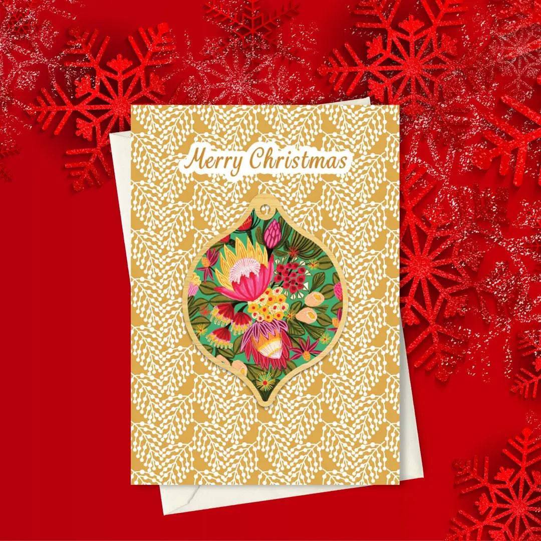 King Proteas Christmas Card & Wooden Ornament Set - Handcrafted Holiday Greeting Cards with Floral Design - Perfect for Christmas Decorations, Gift Giving and Holiday Celebrations
