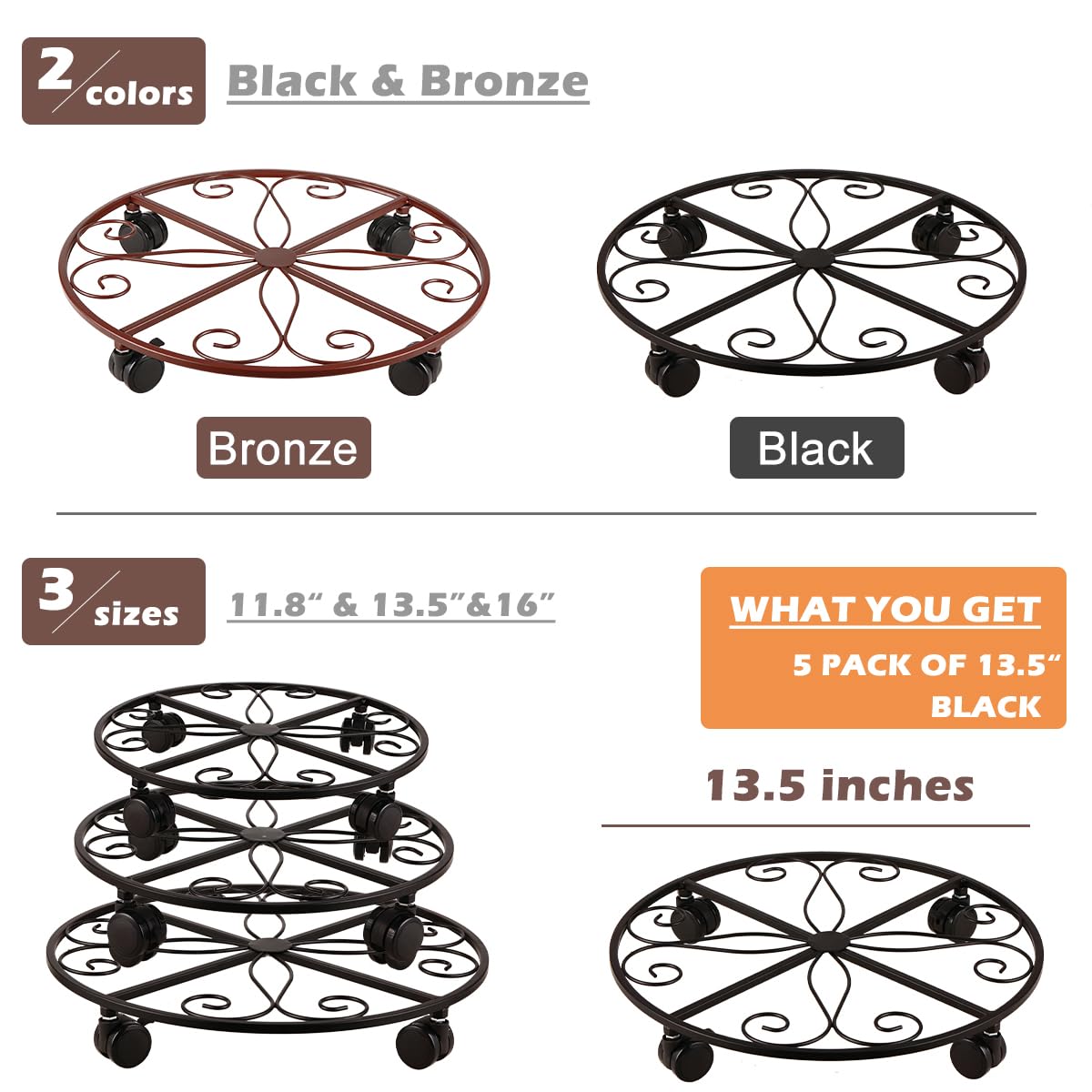 Heavy Duty 13.5 Inch Metal Plant Stand with Wheels - 5 Pack Plant Saucers Included - Black Rolling Plant Holder for Indoor Outdoor Garden Decor, Patio, Balcony & Home Decor