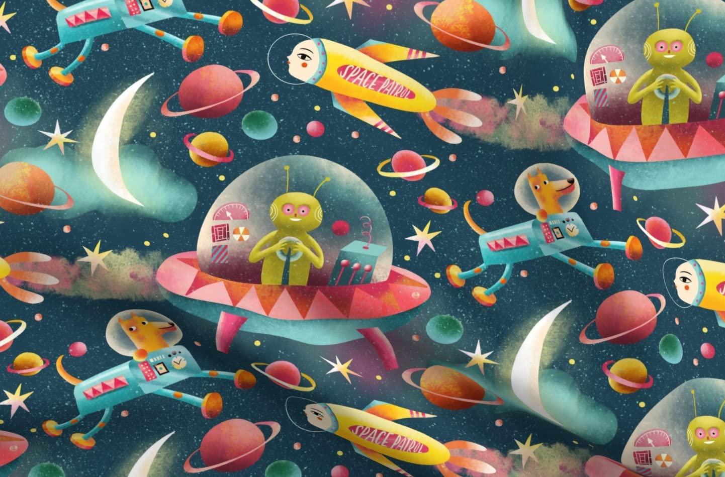 Space-Themed Upholstery Velvet Fabric - Playful Planets, Robots & Spaceship Print - Fat Quarter for Home Decor, Apparel & DIY Projects | Perfect for Curtains, Pillows & Crafting
