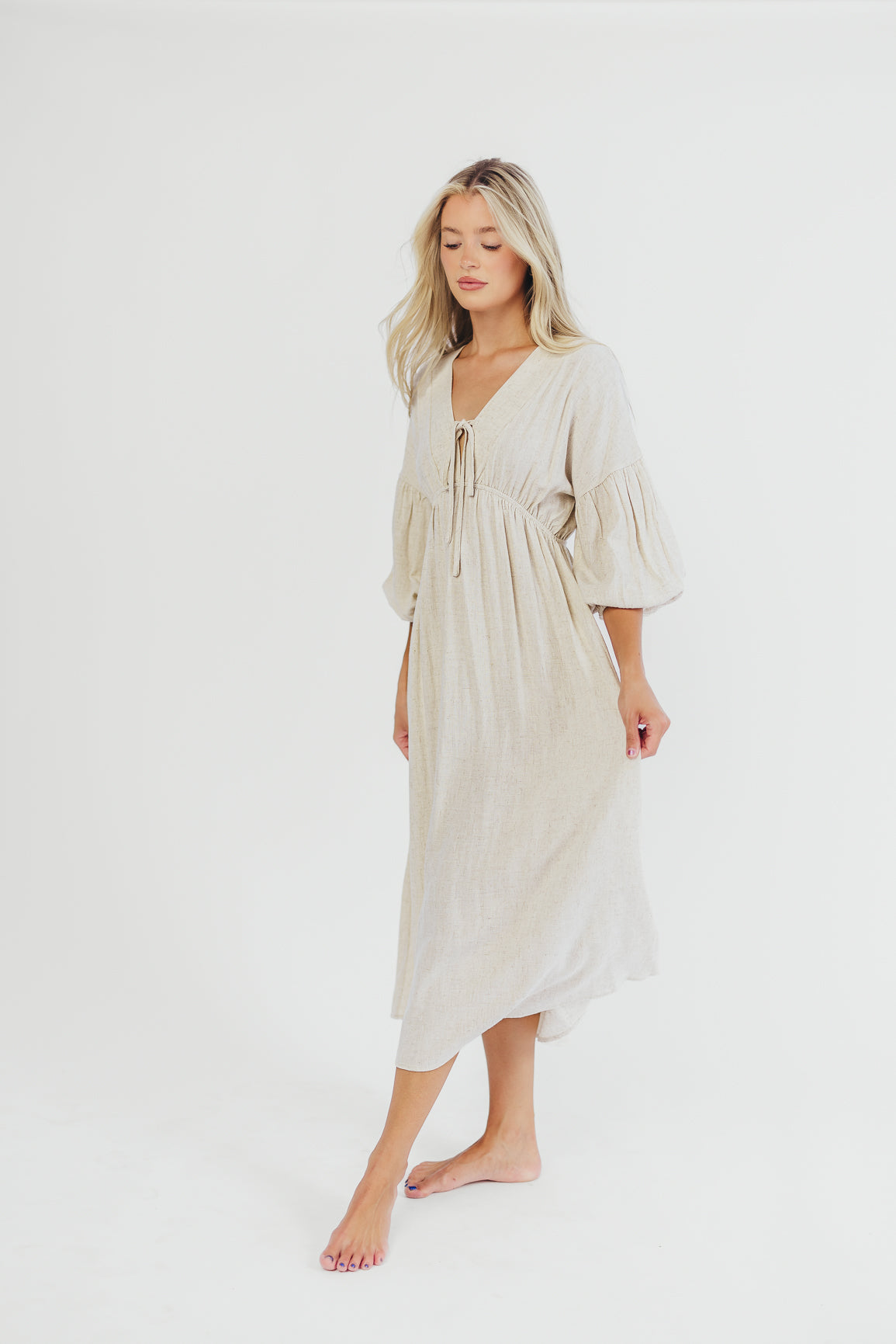 Hunter Linen Blend Midi Dress in Greige - Bump Friendly Maternity Dress with Inclusive Sizing | Perfect for Pregnancy, Nursing, and Everyday Comfort Wear