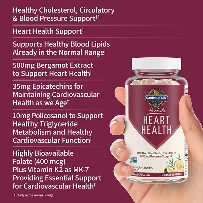 Garden of Life Herbals Heart Health Supplement with Folate, Bergamot & Green Tea - Supports Cholesterol, Circulation & Blood Pressure - Non-GMO, Gluten-Free, Citrus Flavor (30 Servings) - Perfect for Daily Cardiovascular Wellness & Active Lifestyle Support