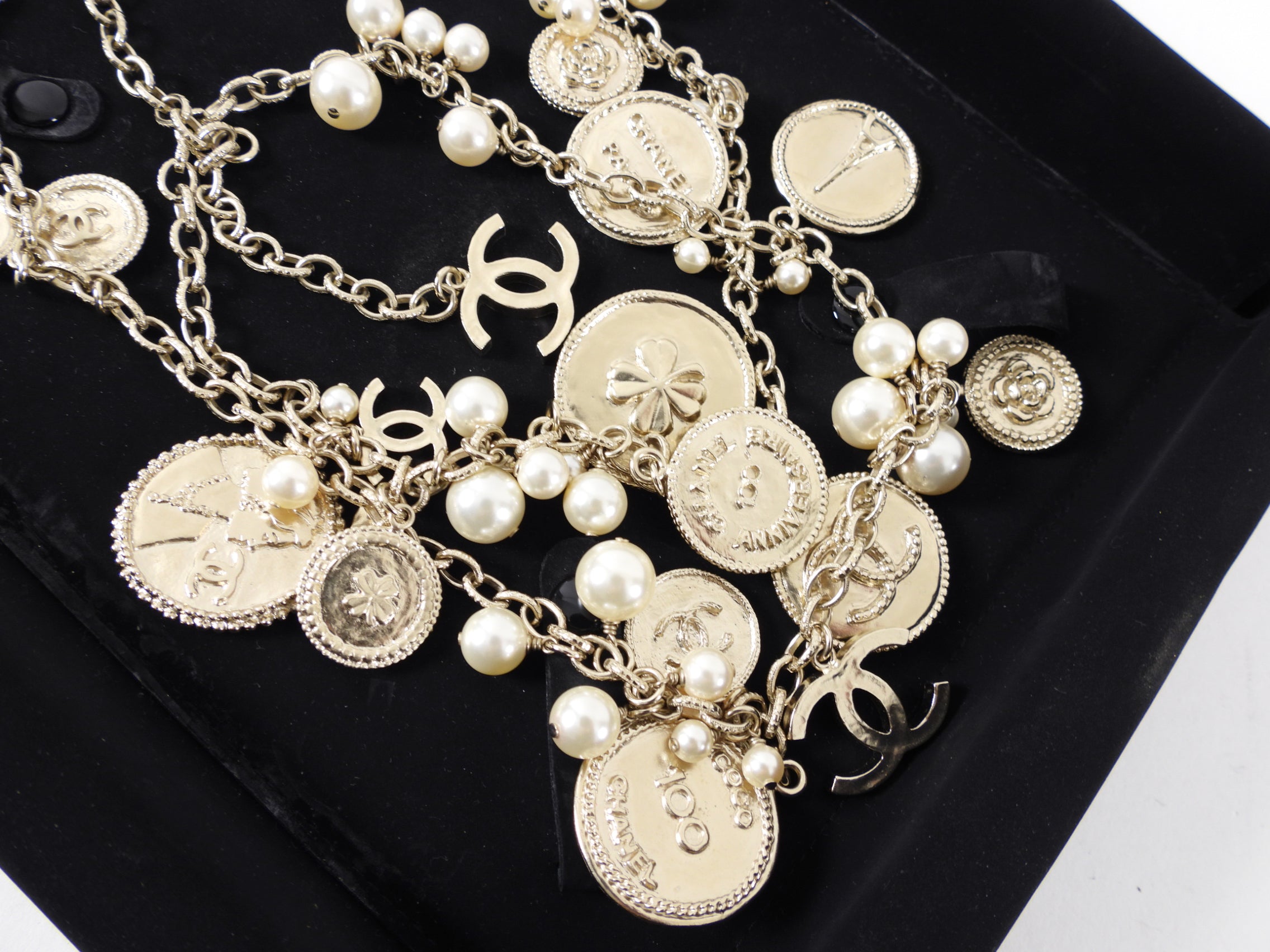 Chanel 14P 100th Anniversary Gold Coin Pearl Long Necklace for Women - Vintage Luxury Jewelry Gift for Anniversary, Birthday & Special Occasions