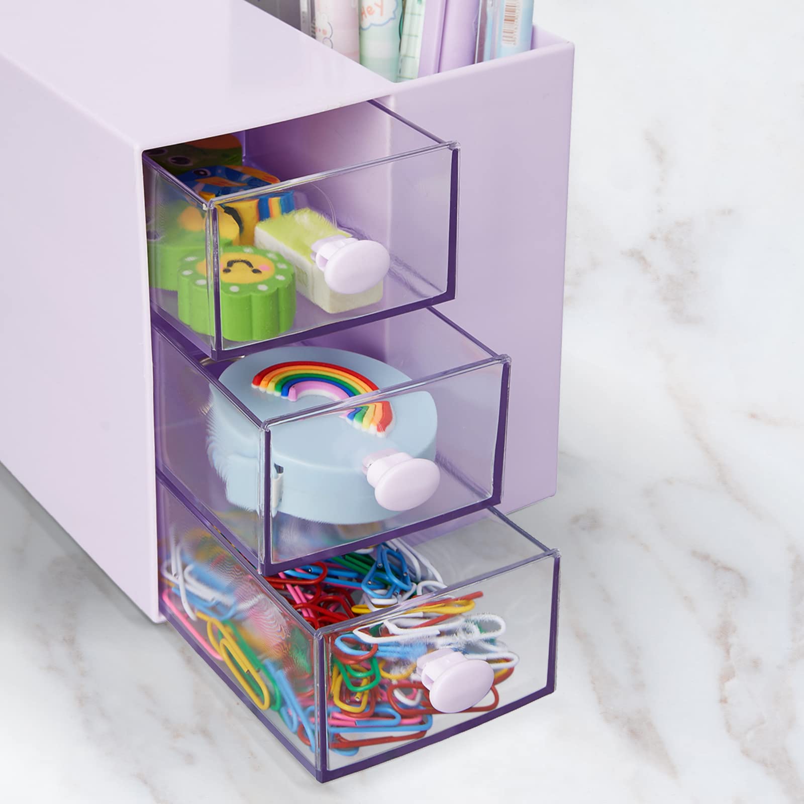 LETURE Small Desk Organizer with Drawer - Plastic Office & School Storage Box for Pens, Pencils, Markers, Cards & Stationery - Makeup Cosmetic Organizer (Purple) - Perfect for Home Office, Study Desk & Vanity Table Organization