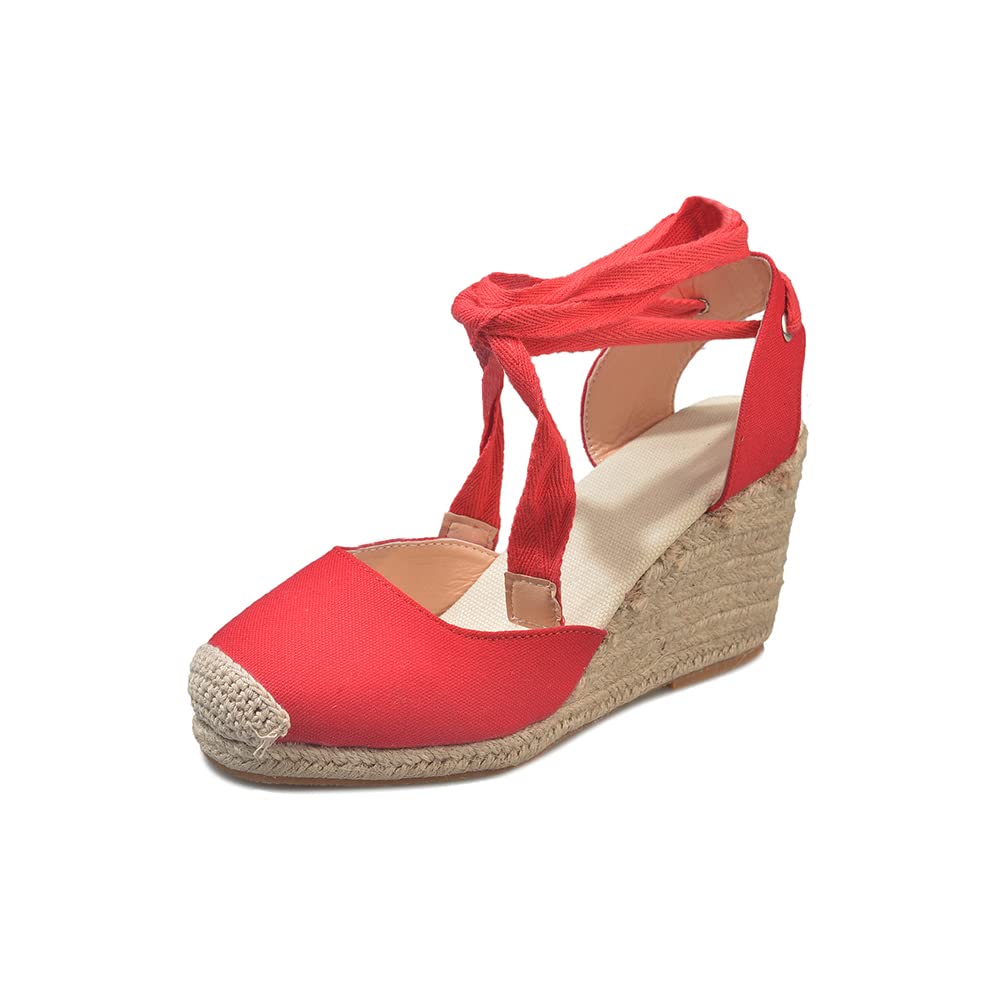 Women's Closed Toe Wedge Sandals - Platform Espadrilles with Ankle Wrap & Lace Up Design, Dressy Heel Cross Slingback for Summer (Black/White/Red) US 3-12 | Perfect for Beach, Vacation, and Casual Outings
