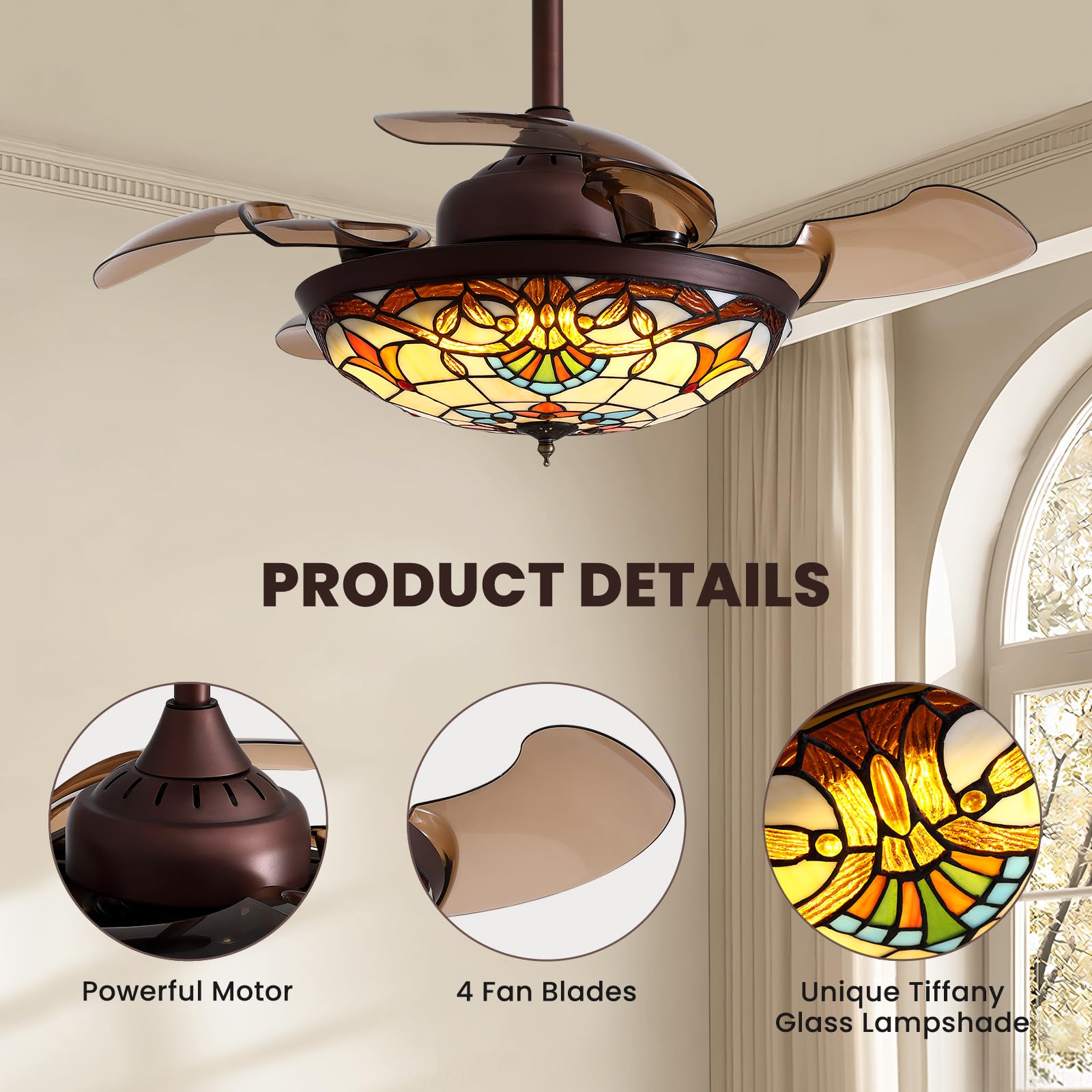 Moooni 36 Inch Mediterranean Style Ceiling Fan with Light Kit & Remote Control - Tiffany Style Fandelier with Retractable Blades - Dimmable LED Indoor Ceiling Fan in Brown - Perfect for Living Room, Bedroom, and Dining Room