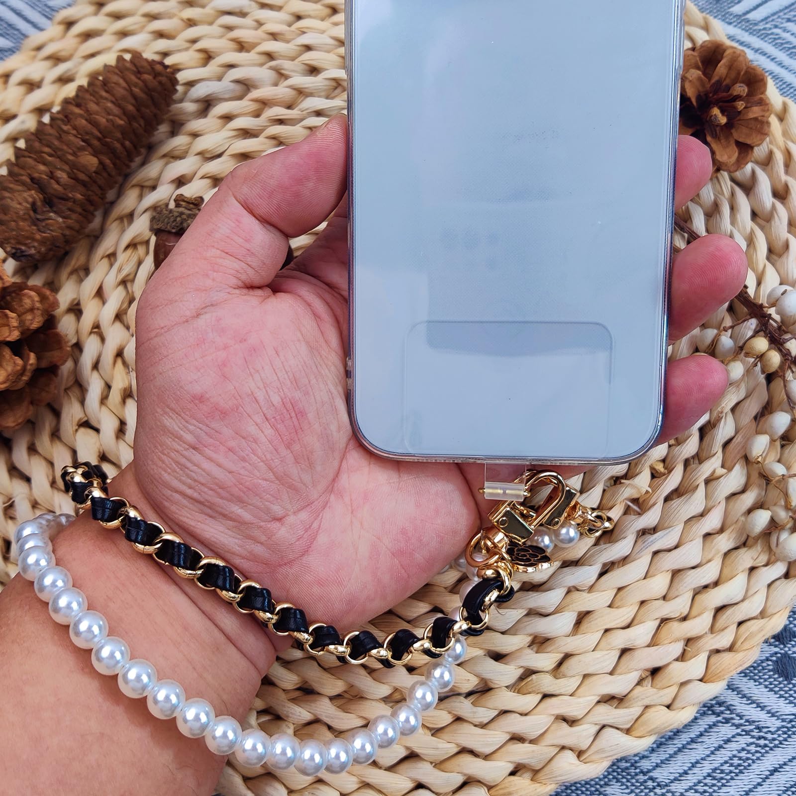 Anti-Loss Phone Wrist Strap with Pearl Beads - Double Chain Phone Lanyard for Smartphones, Wallets & Cameras | Perfect for Travel, Shopping & Outdoor Activities