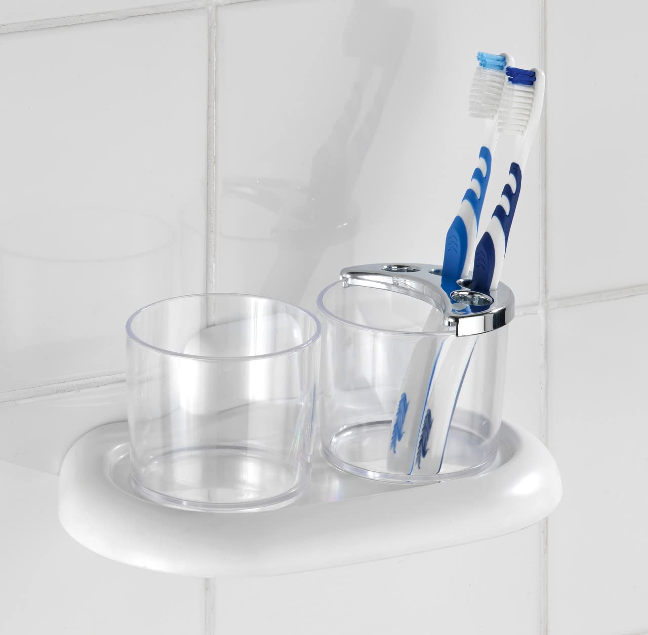 WENKO 17939100 White Plastic Tumbler Set with Toothbrush Holder - 20x10x12cm Bathroom Organizer for Countertop Storage | Perfect for Small Spaces, Dorm Rooms & Guest Bathrooms