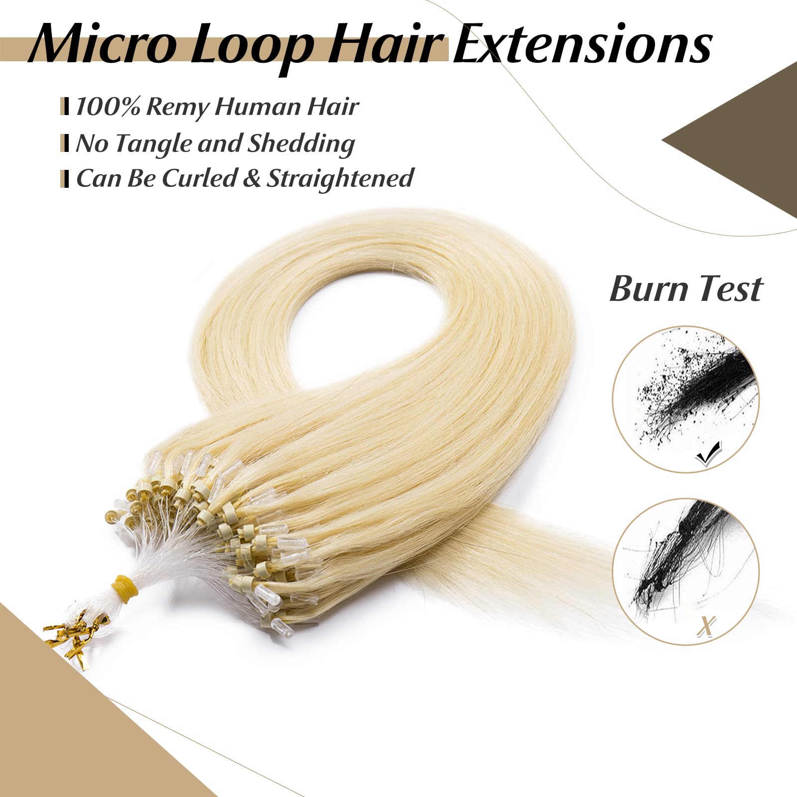 SEGO 14 Inch Bleach Blonde Micro Bead Hair Extensions - 100% Human Hair, 50g 100 Strands, Natural Straight Micro Loop & Ring Extensions for Cold Fusion (613#) - Perfect for Daily Wear, Parties & Special Occasions