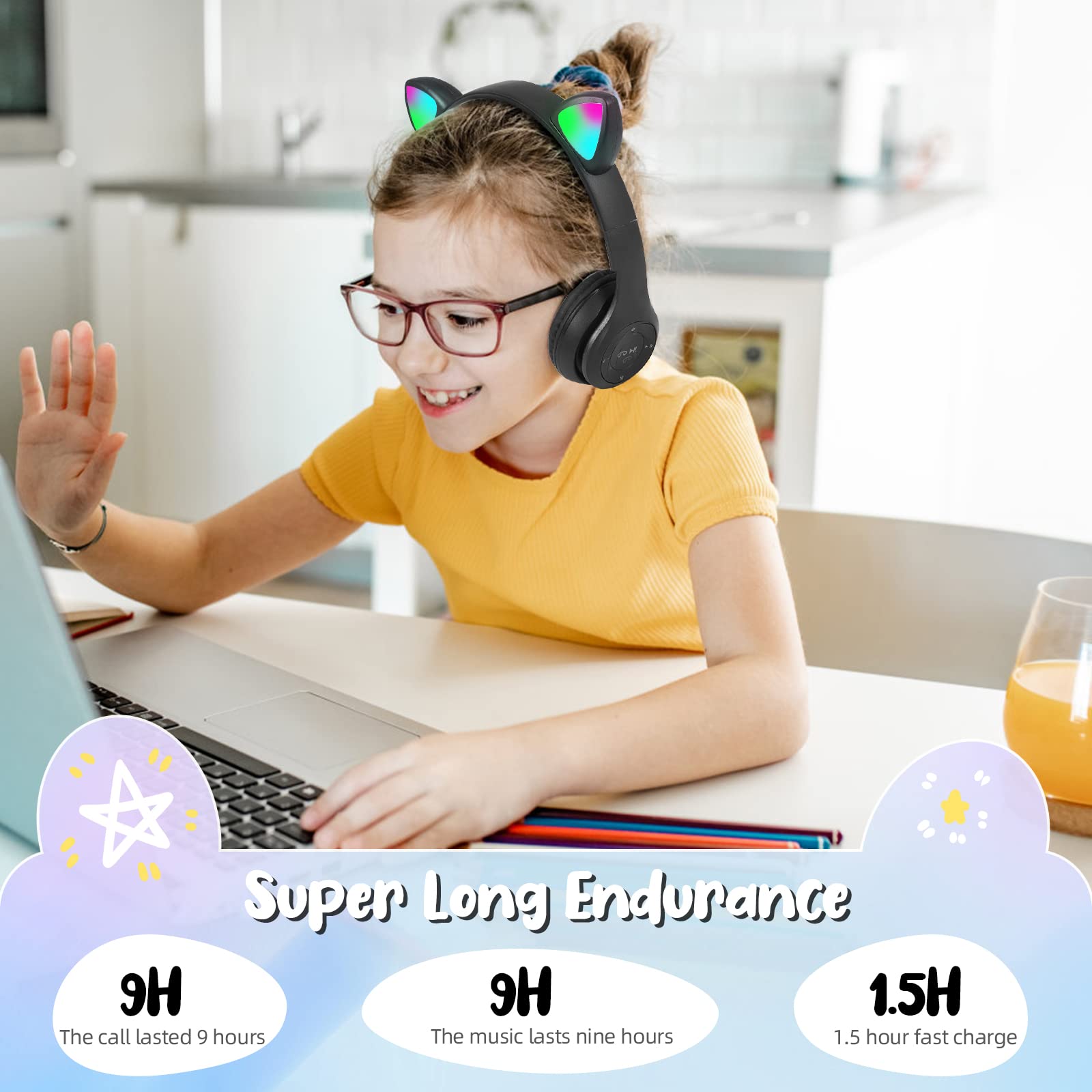 Bluetooth Wireless Kids Headphones with LED Cat Ears & Microphone - Over-Ear Stereo Headset for Children, TF Card/Wired Foldable Earphones - Perfect Gift for Boys & Girls Age 7+ (Black) - Ideal for School, Travel, and Home Use