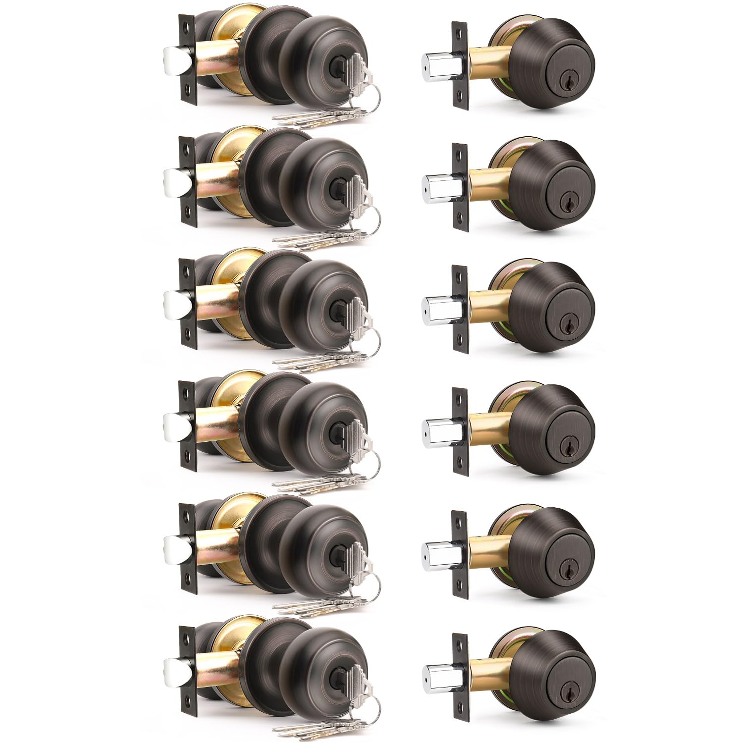 6 Pack Keyed Alike Front Door Knob and Deadbolt Set - Single Cylinder Entry Door Locksets in Oil Rubbed Bronze - Flat Round Door Lock for Bedroom, Office & Exterior Doors - Secure Home & Business Entryways