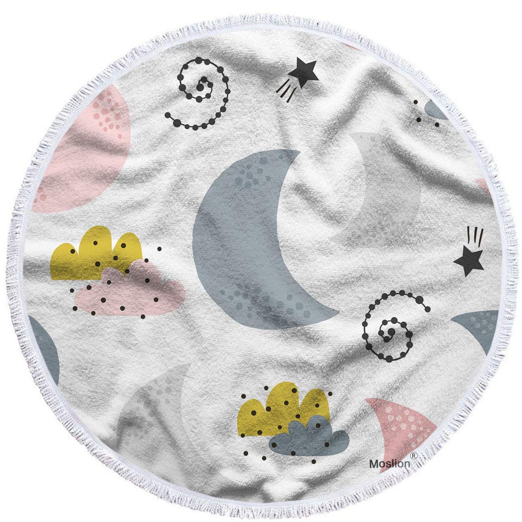 Moslion 63 Inch Oversized Round Beach Towel - Soft Microfiber Polyester, Cute Cartoon Cloud Star Design, Sweet Dream Starry Sky Pattern | Perfect for Beach, Pool, Picnic, Yoga & Outdoor Activities