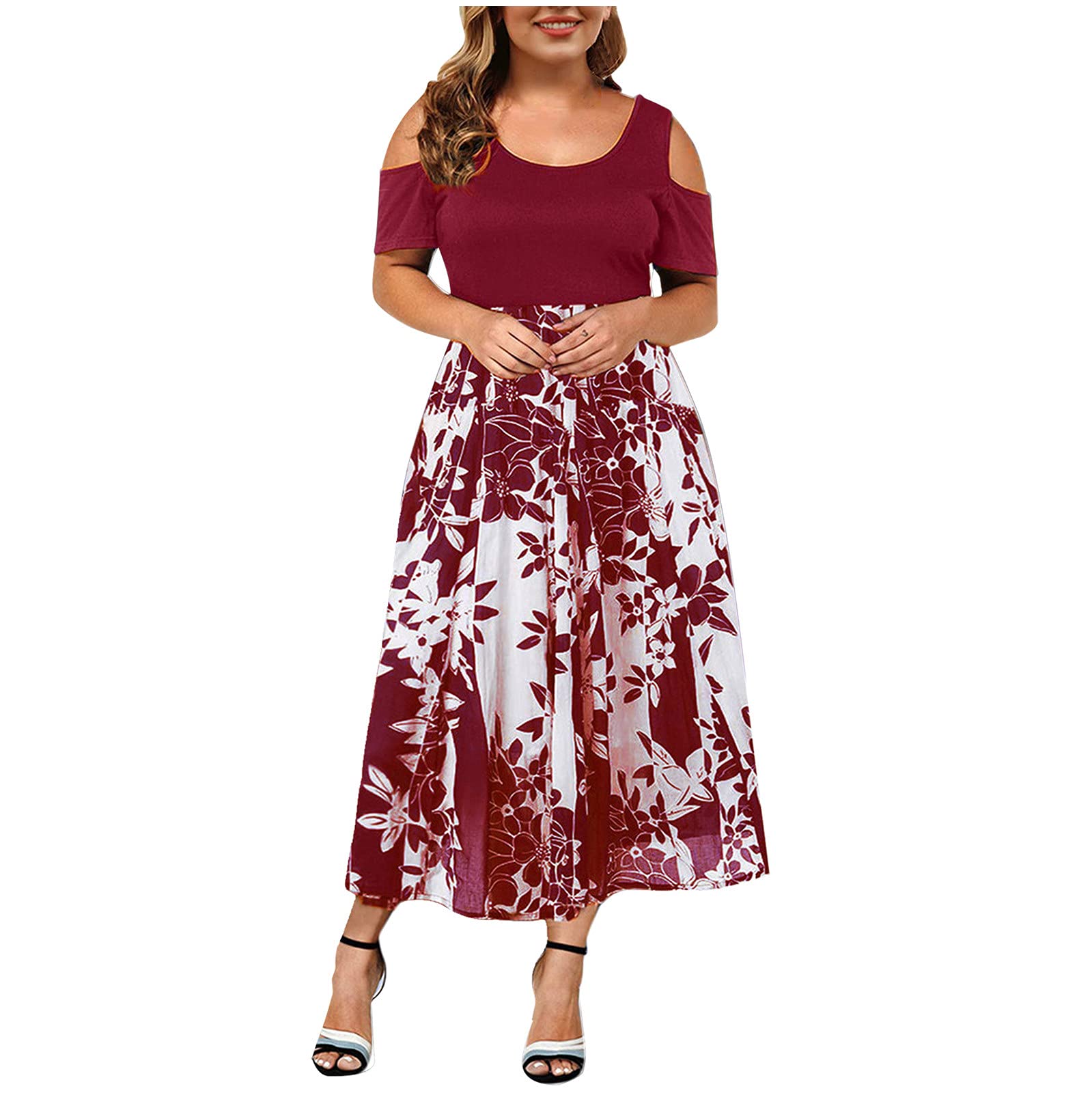 Plus Size Floral Boho Maxi Dress for Women - Wedding Guest, Party & Special Occasion Long Dress with Cold Shoulder & Patchwork Design - Perfect for Beach Weddings, Garden Parties & Summer Events